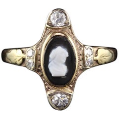 Antique Victorian 12 Karat Yellow Gold Black Cameo and Diamond Ring