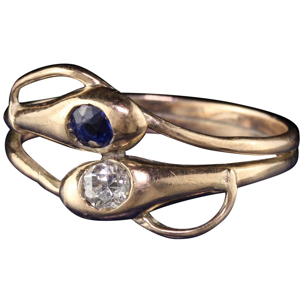 Antique Victorian 12 Karat Yellow Gold Diamond and Sapphire Double Snake Ring