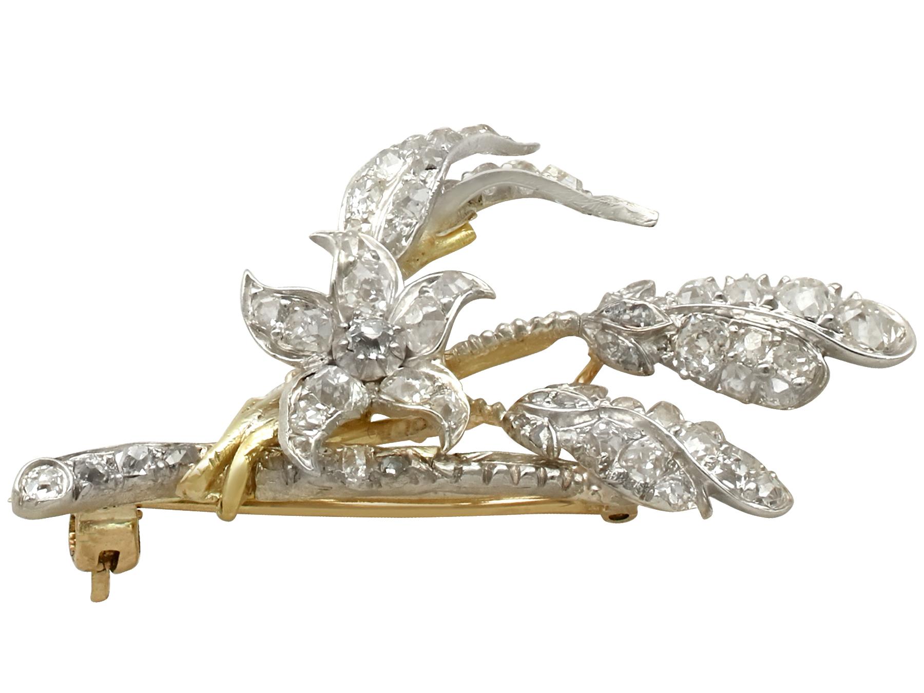 Old European Cut Antique Victorian 1.25 Carat Diamond and Yellow Gold Silver Set Brooch For Sale