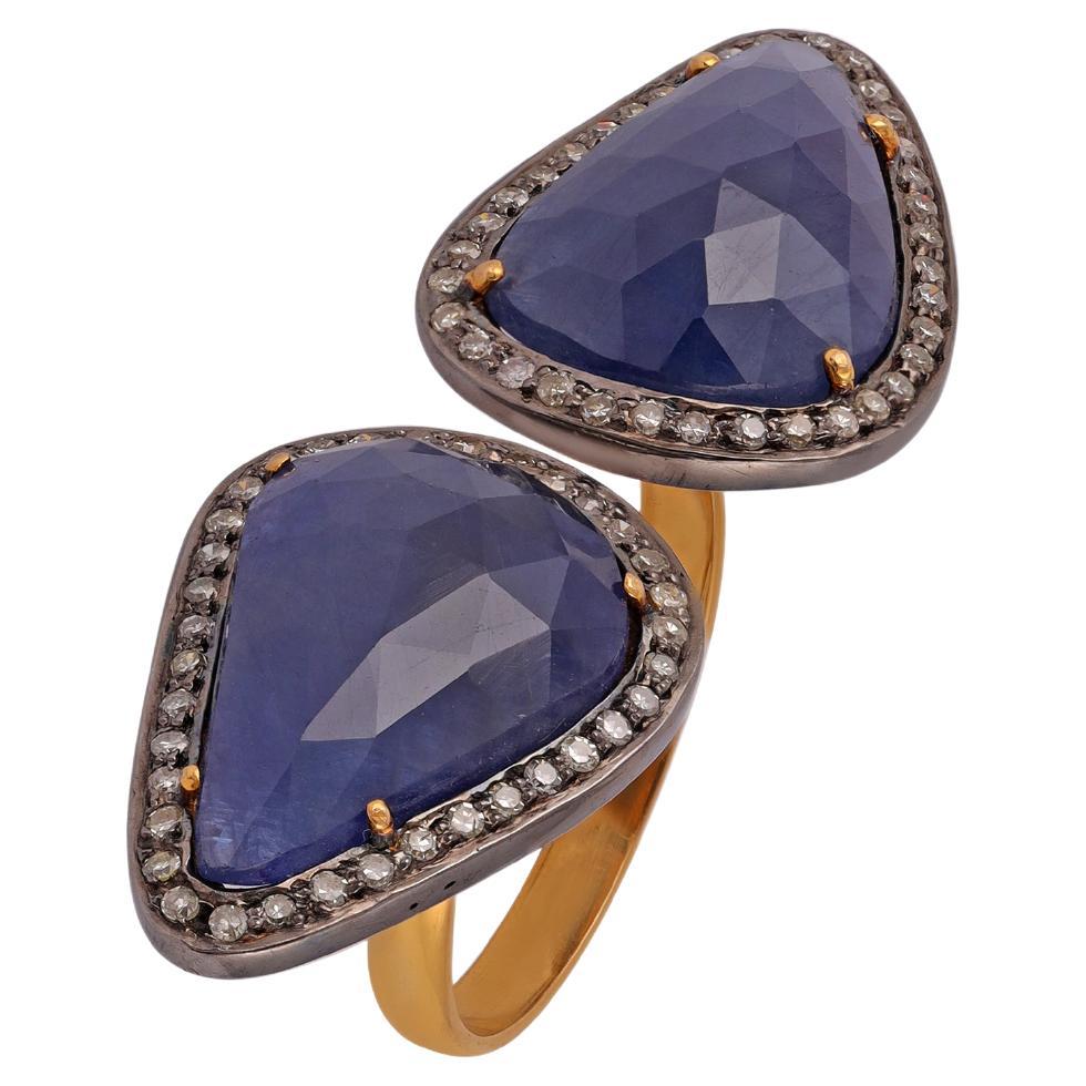 Antique Victorian 12.95 Carat Sapphire & Diamond Cocktail Ring in Gold & Silver For Sale