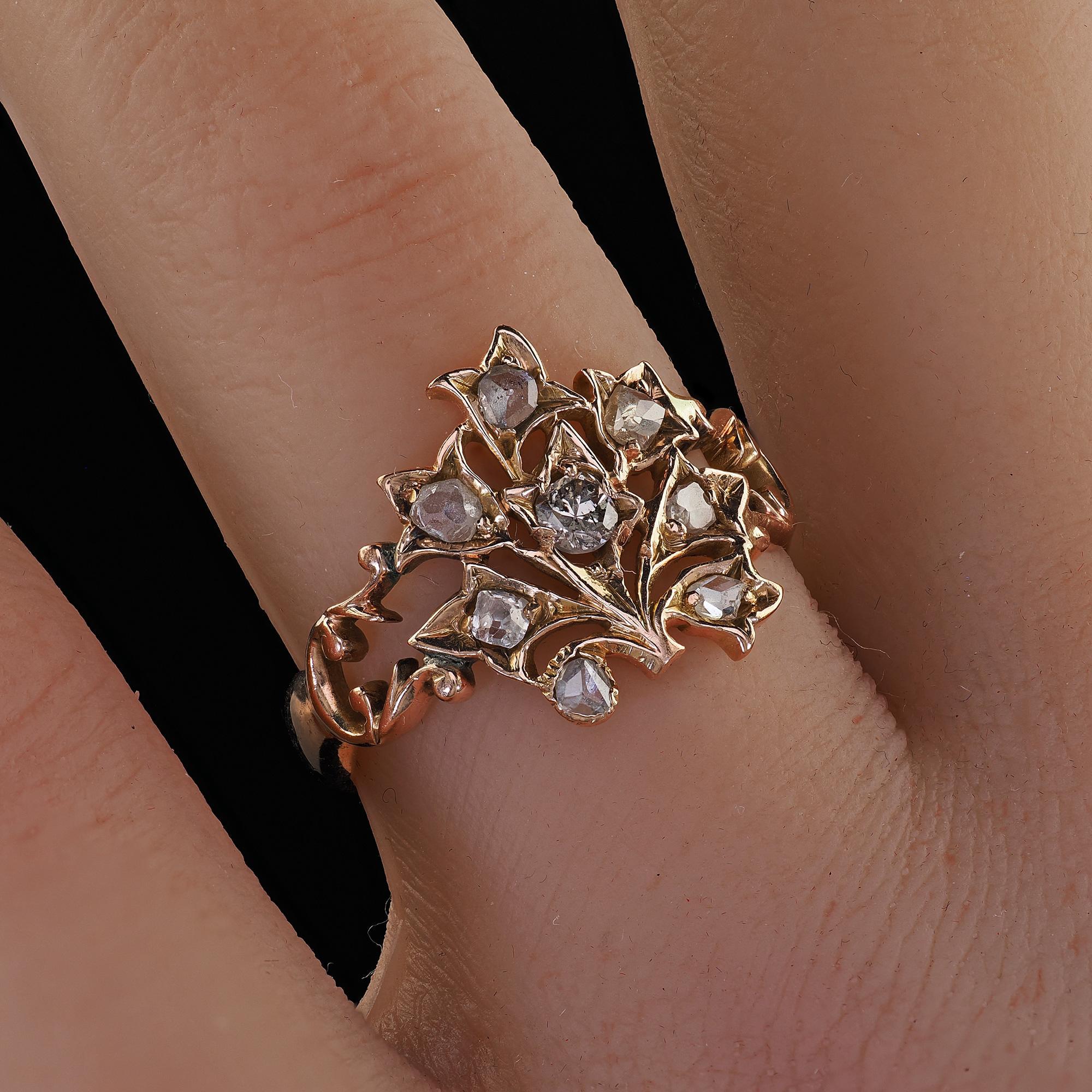 Antique Victorian 12K Rose Gold Old Cut Diamond Floral Cocktail Ring For Sale 5