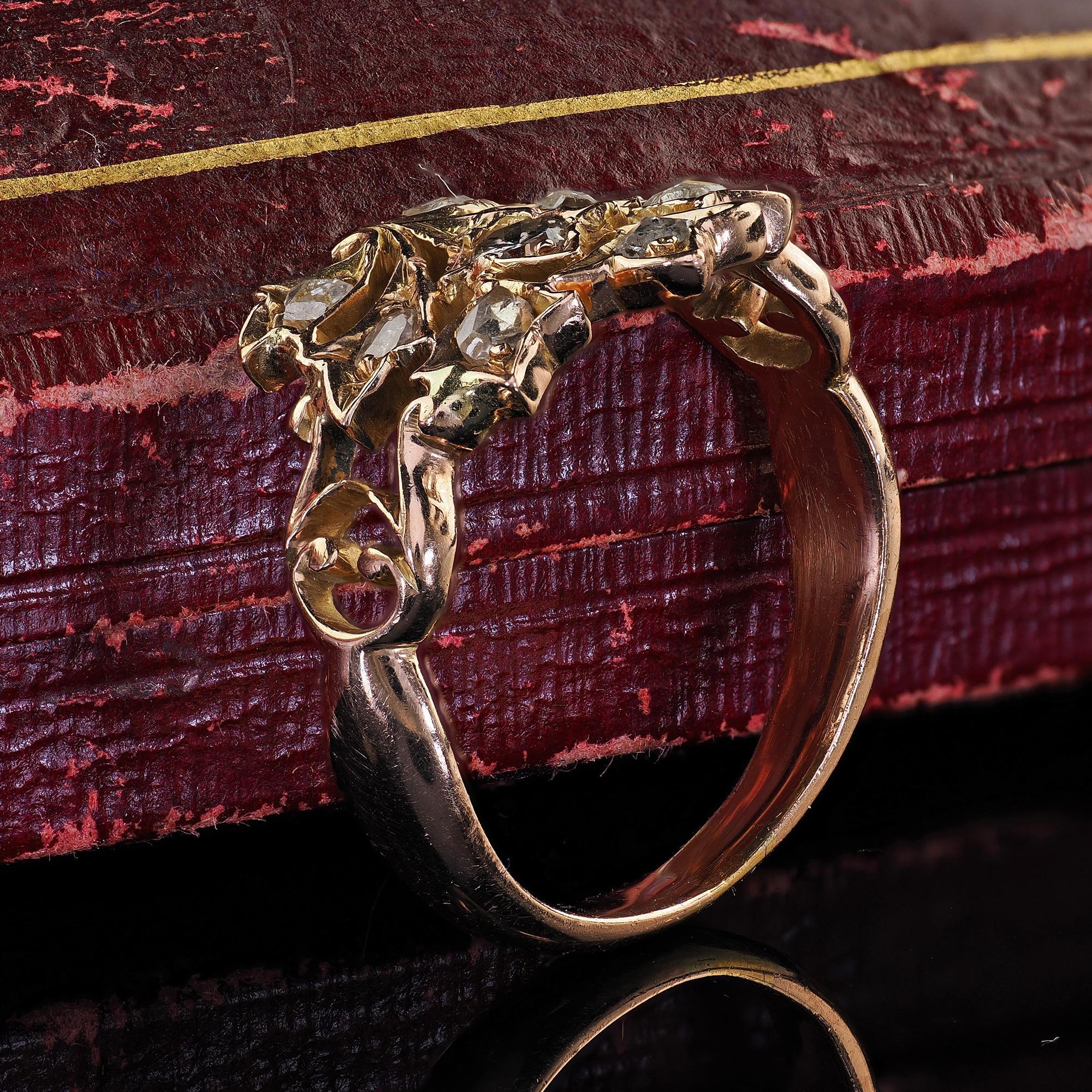 Rose Cut Antique Victorian 12K Rose Gold Old Cut Diamond Floral Cocktail Ring For Sale