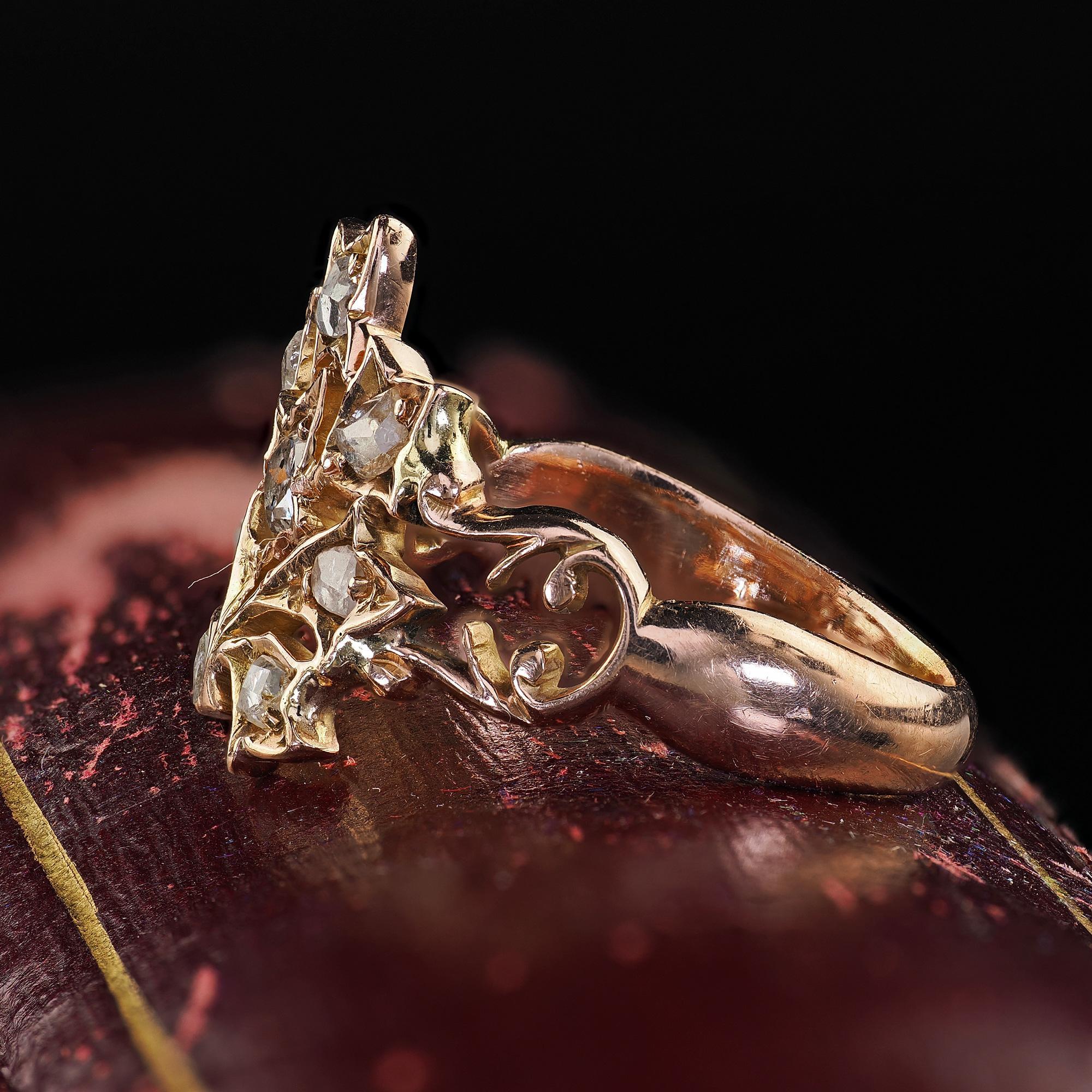 Women's Antique Victorian 12K Rose Gold Old Cut Diamond Floral Cocktail Ring For Sale