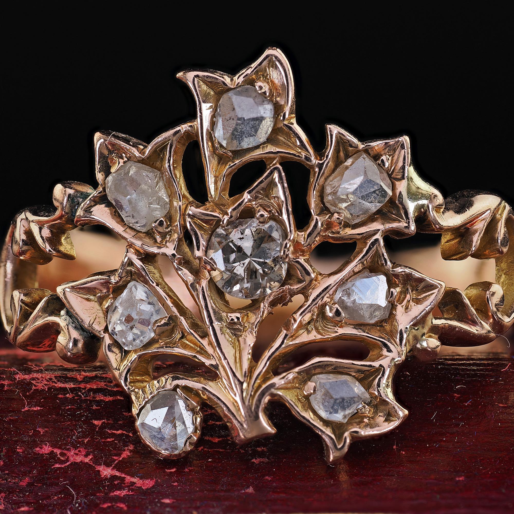Antique Victorian 12K Rose Gold Old Cut Diamond Floral Cocktail Ring For Sale 1