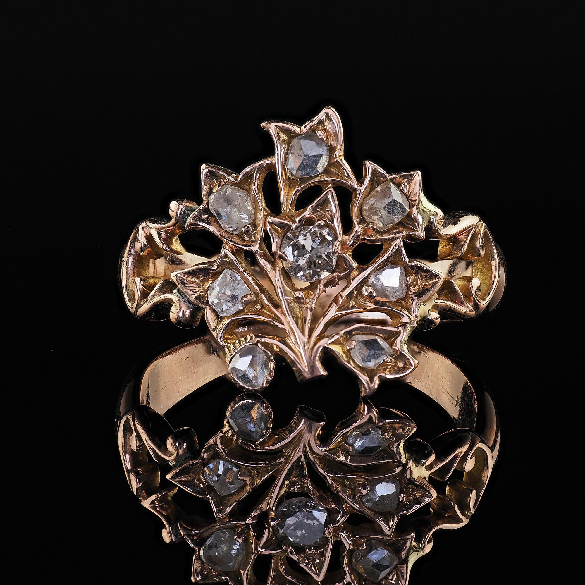 Antique Victorian 12K Rose Gold Old Cut Diamond Floral Cocktail Ring For Sale 2