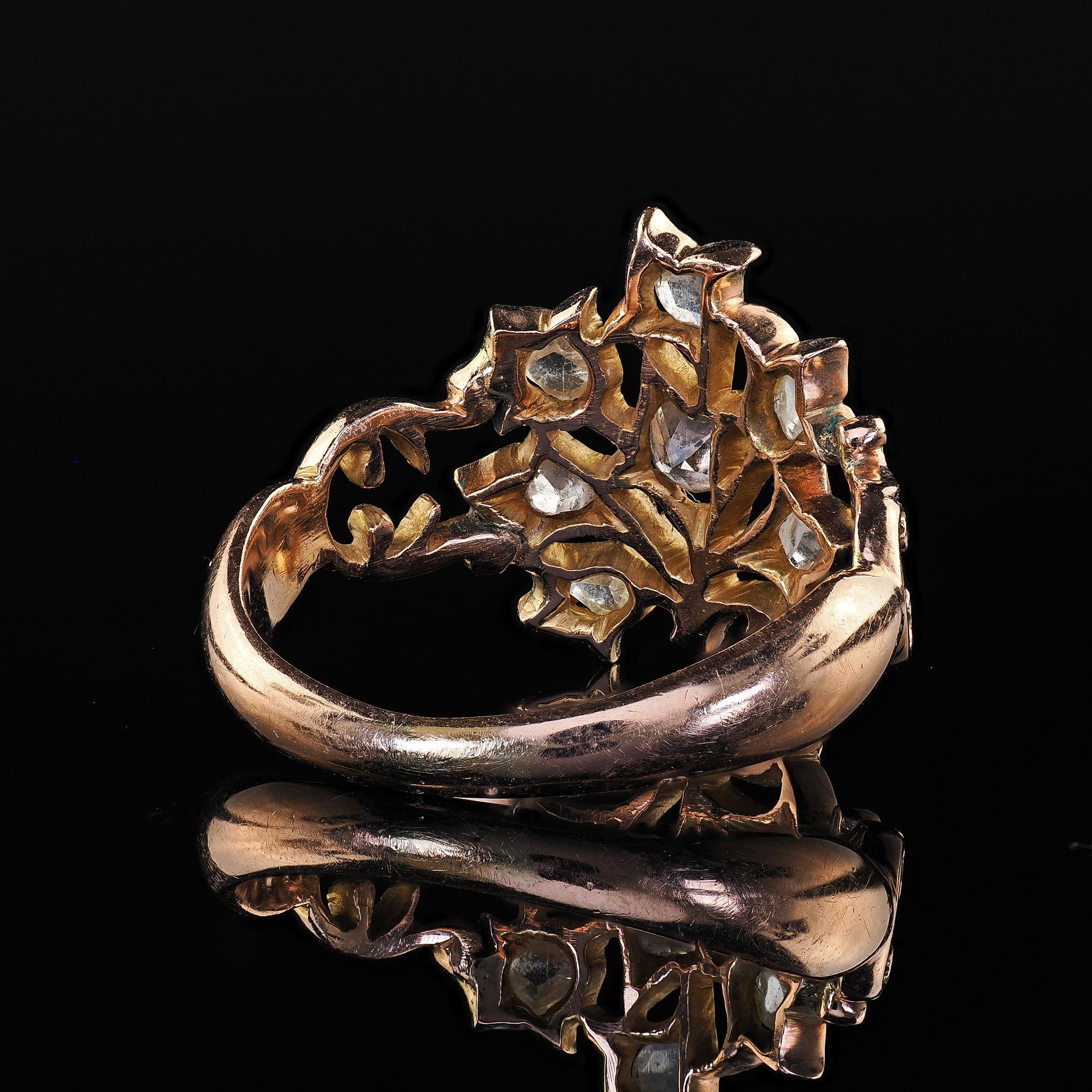 Antique Victorian 12K Rose Gold Old Cut Diamond Floral Cocktail Ring For Sale 3