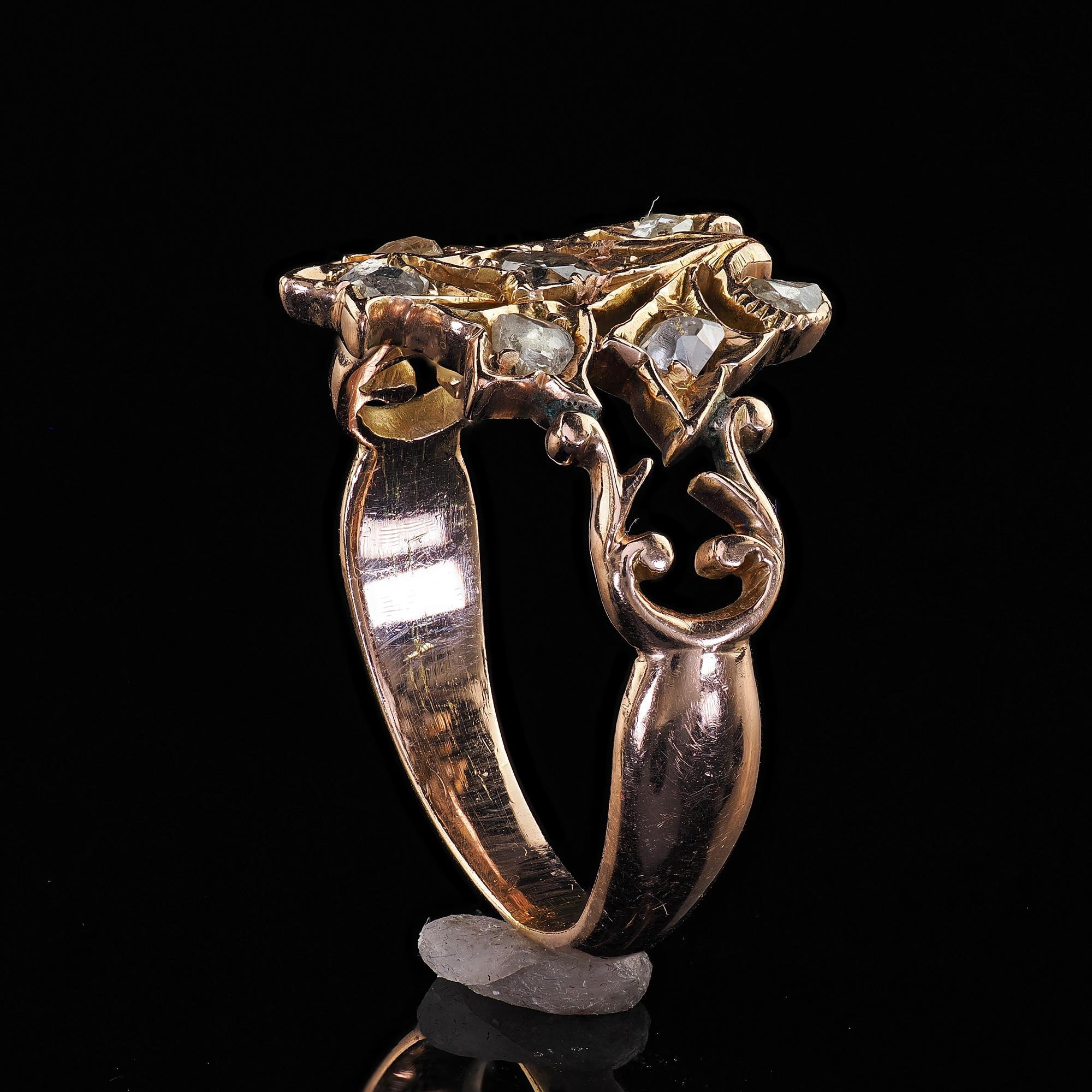 Antique Victorian 12K Rose Gold Old Cut Diamond Floral Cocktail Ring For Sale 4
