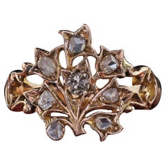Antiguo Anillo de Cóctel Floral Victoriano de Oro Rosa de 12 K con Diamantes de Corte Antiguo