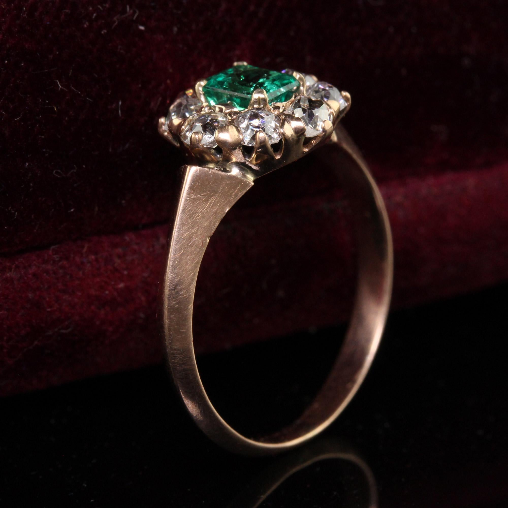 Emerald Cut Antique Victorian 12K Rose Gold Old Mine Diamond Emerald Engagement Ring