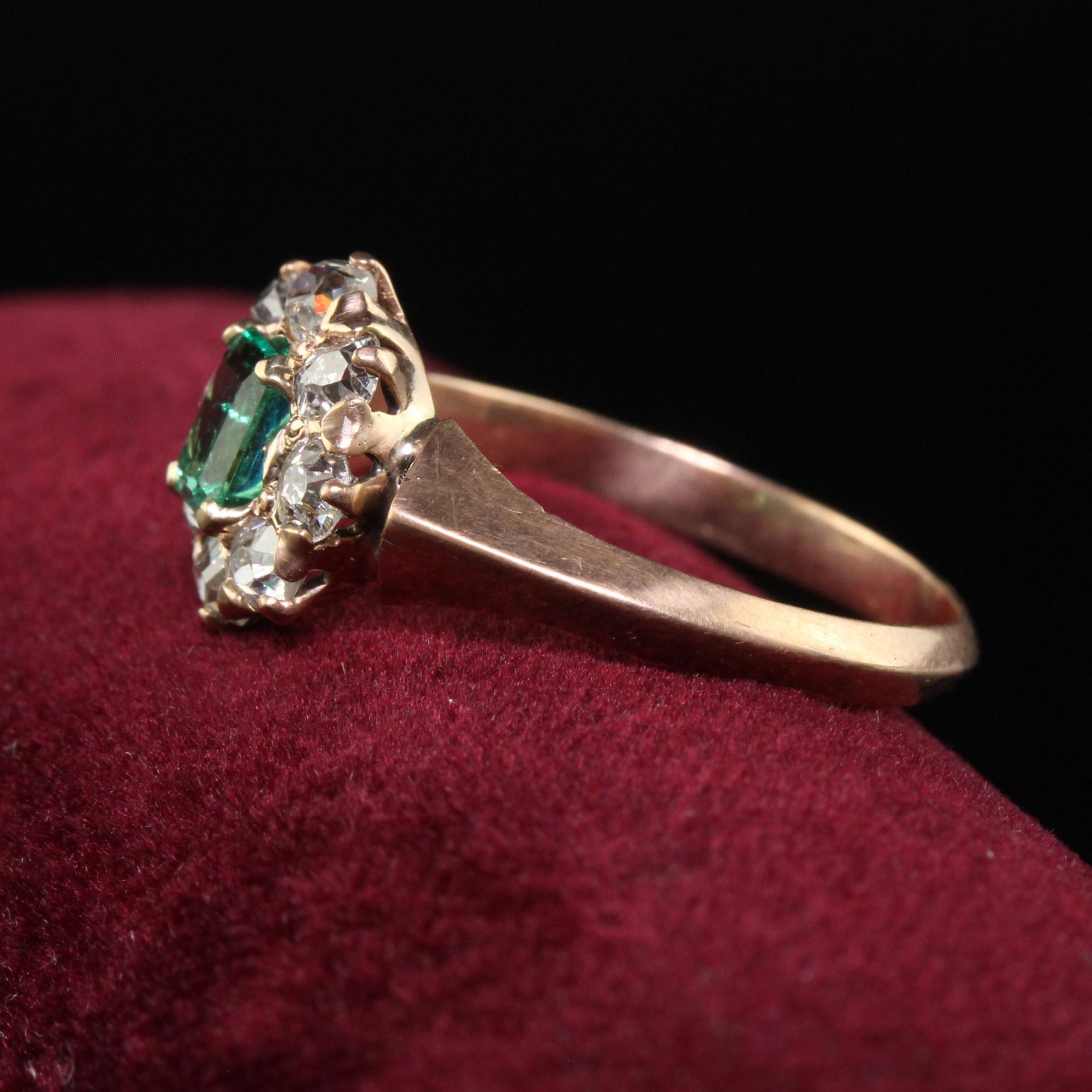 Antique Victorian 12K Rose Gold Old Mine Diamond Emerald Engagement Ring In Good Condition In Great Neck, NY