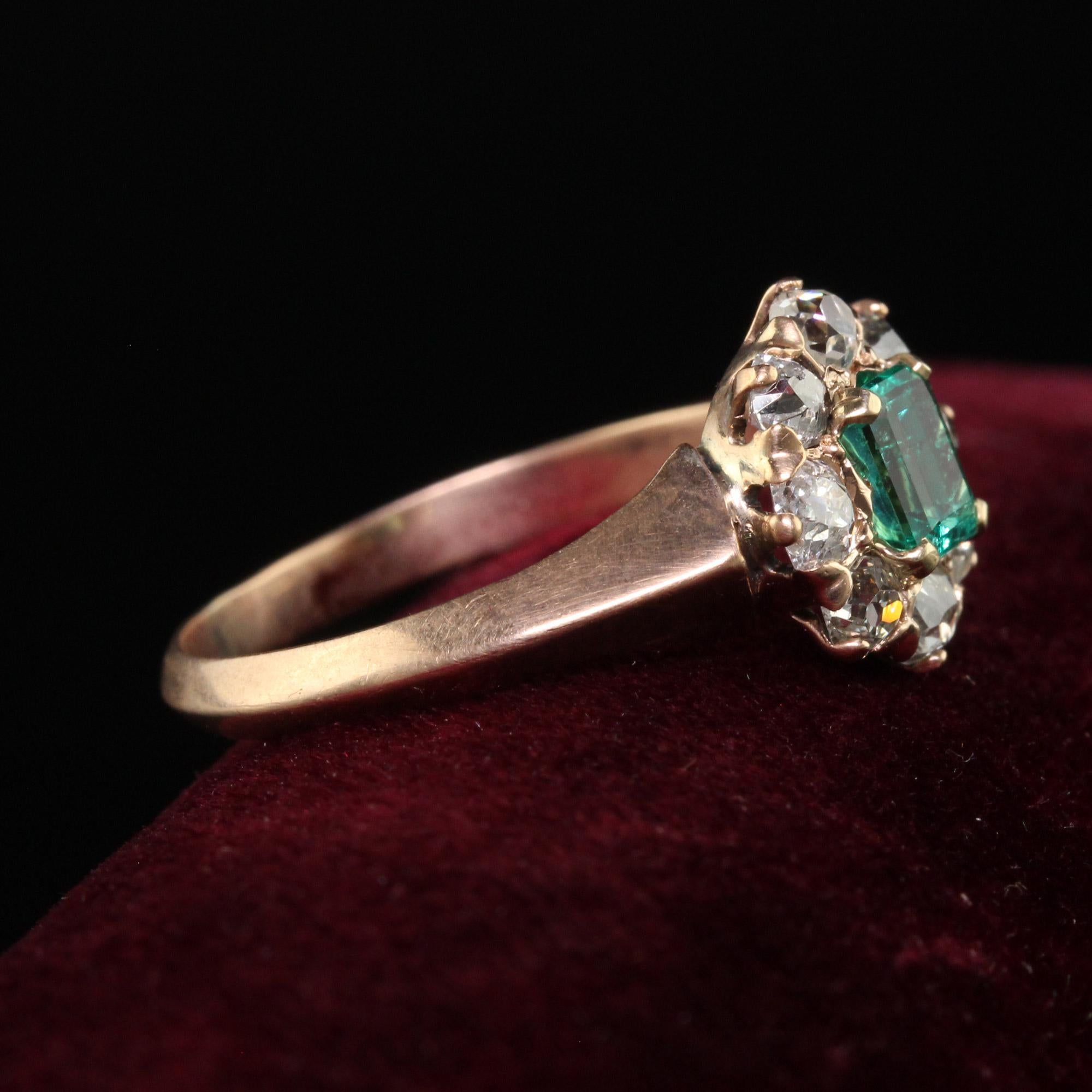 Women's Antique Victorian 12K Rose Gold Old Mine Diamond Emerald Engagement Ring