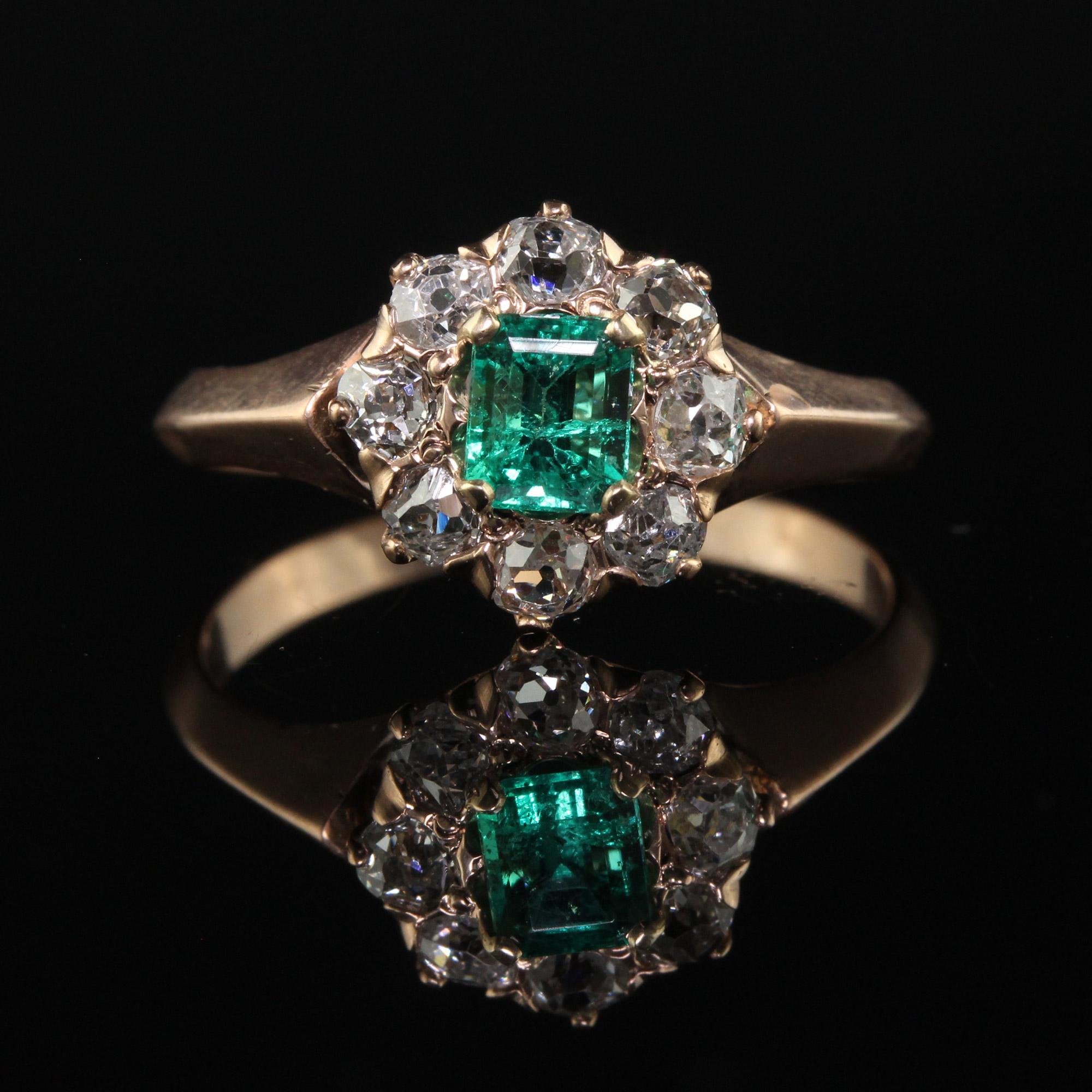 Antique Victorian 12K Rose Gold Old Mine Diamond Emerald Engagement Ring 1
