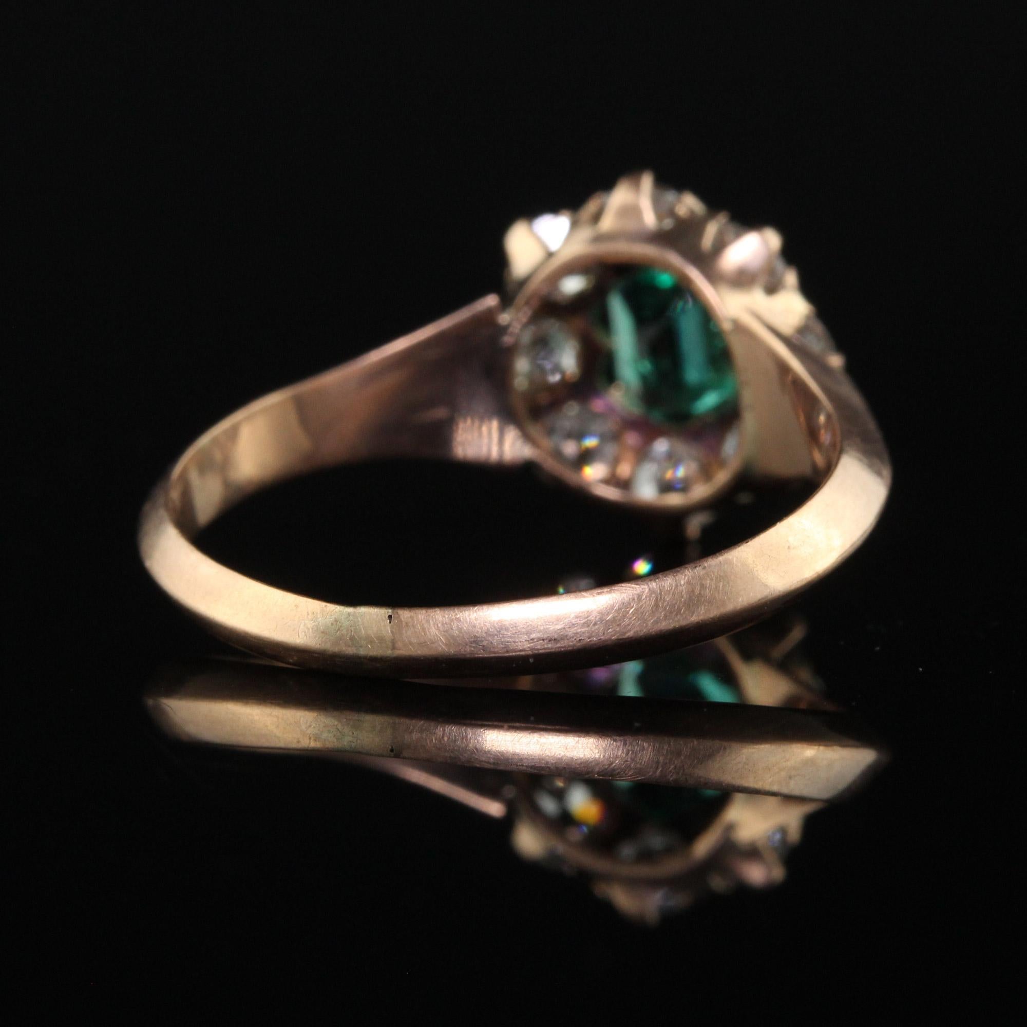 Antique Victorian 12K Rose Gold Old Mine Diamond Emerald Engagement Ring 2