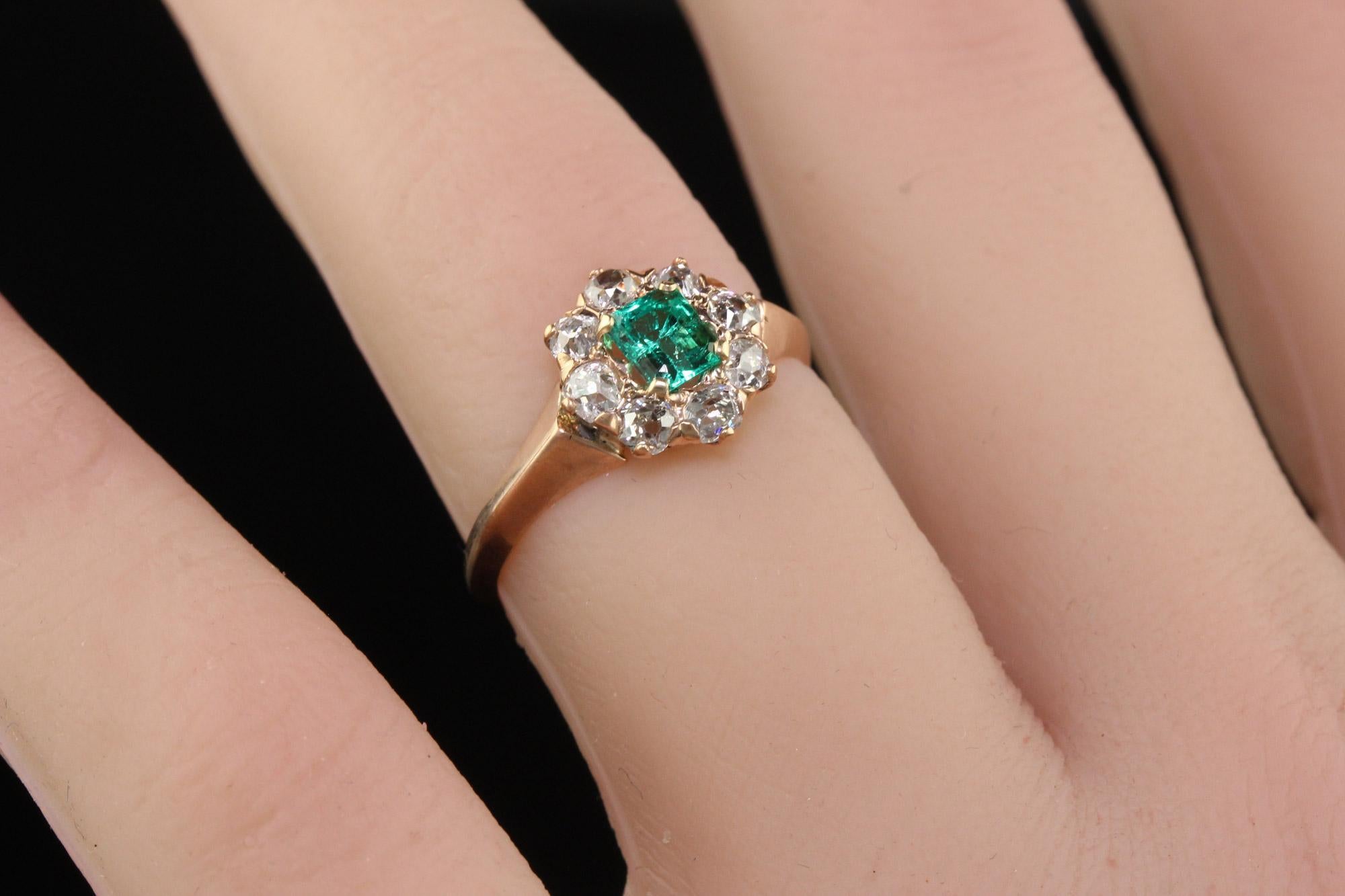 Antique Victorian 12K Rose Gold Old Mine Diamond Emerald Engagement Ring 4