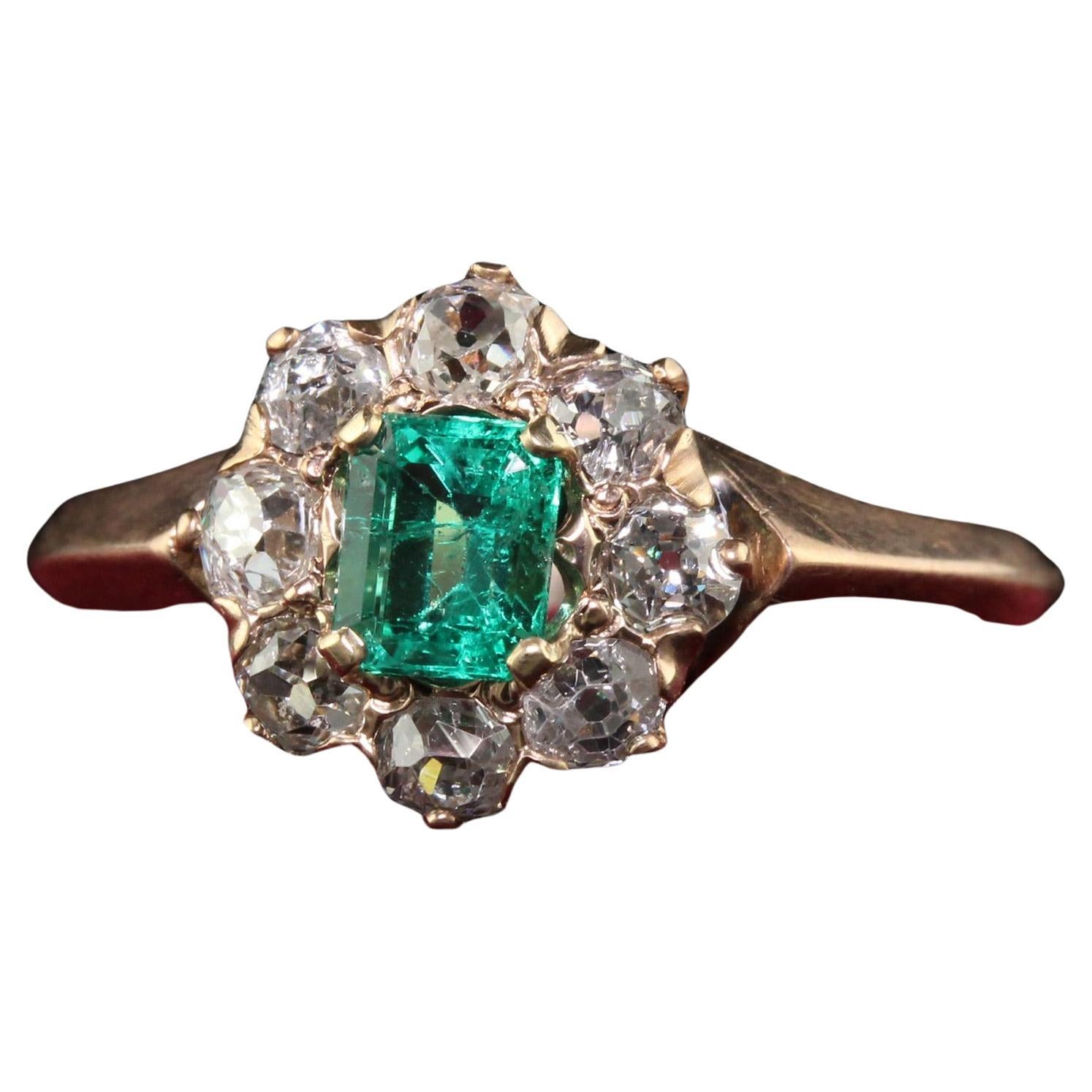 Antique Victorian 12K Rose Gold Old Mine Diamond Emerald Engagement Ring