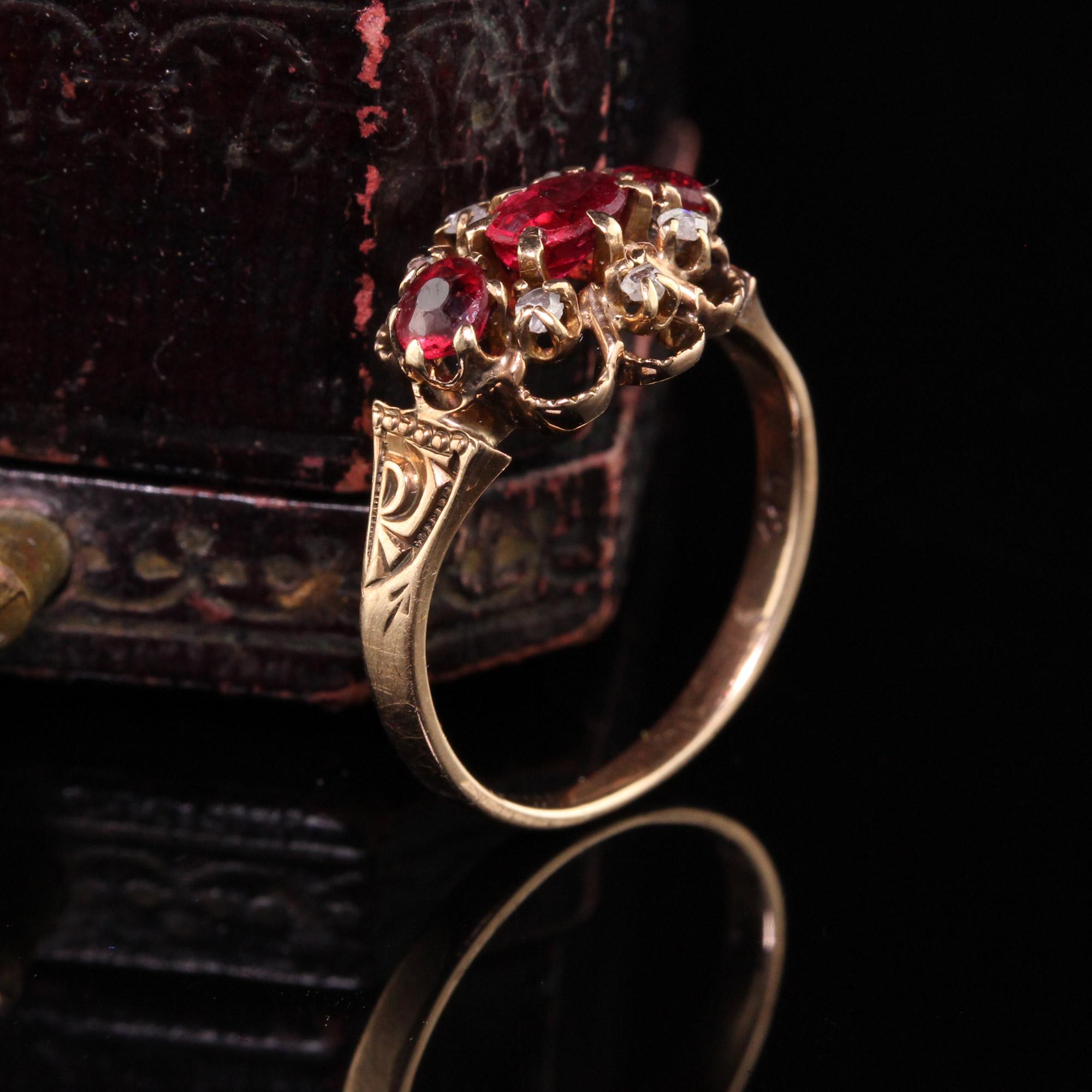 Beautiful Victorian 12K Rose Gold Ruby and Diamond Three Stone Ring. This beautiful ring has three oval rubies with 6 rose cut diamonds above and below them.

Item #R0820

Metal: 12K Rose Gold

Diamond: Approximately .10 ct

Color: I

Clarity: