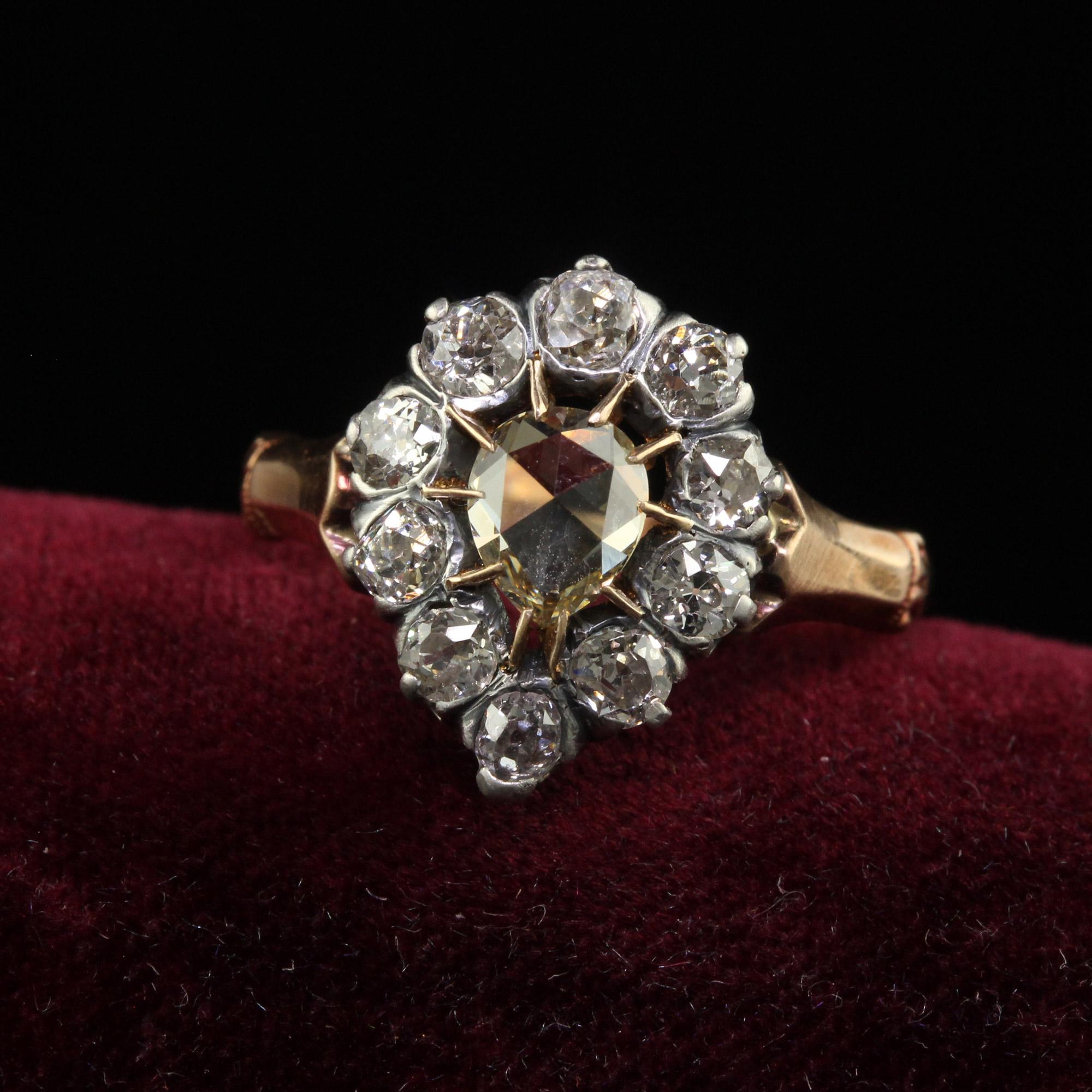 Beautiful Antique Victorian 12K Rose Gold Silver Rose Cut Diamond Engagement Ring - GIA. This amazing Victorian rose cut diamond engagement ring is crafted in 12k rose gold and silver top. This ring features a gorgeous rose cut pear shape diamond in