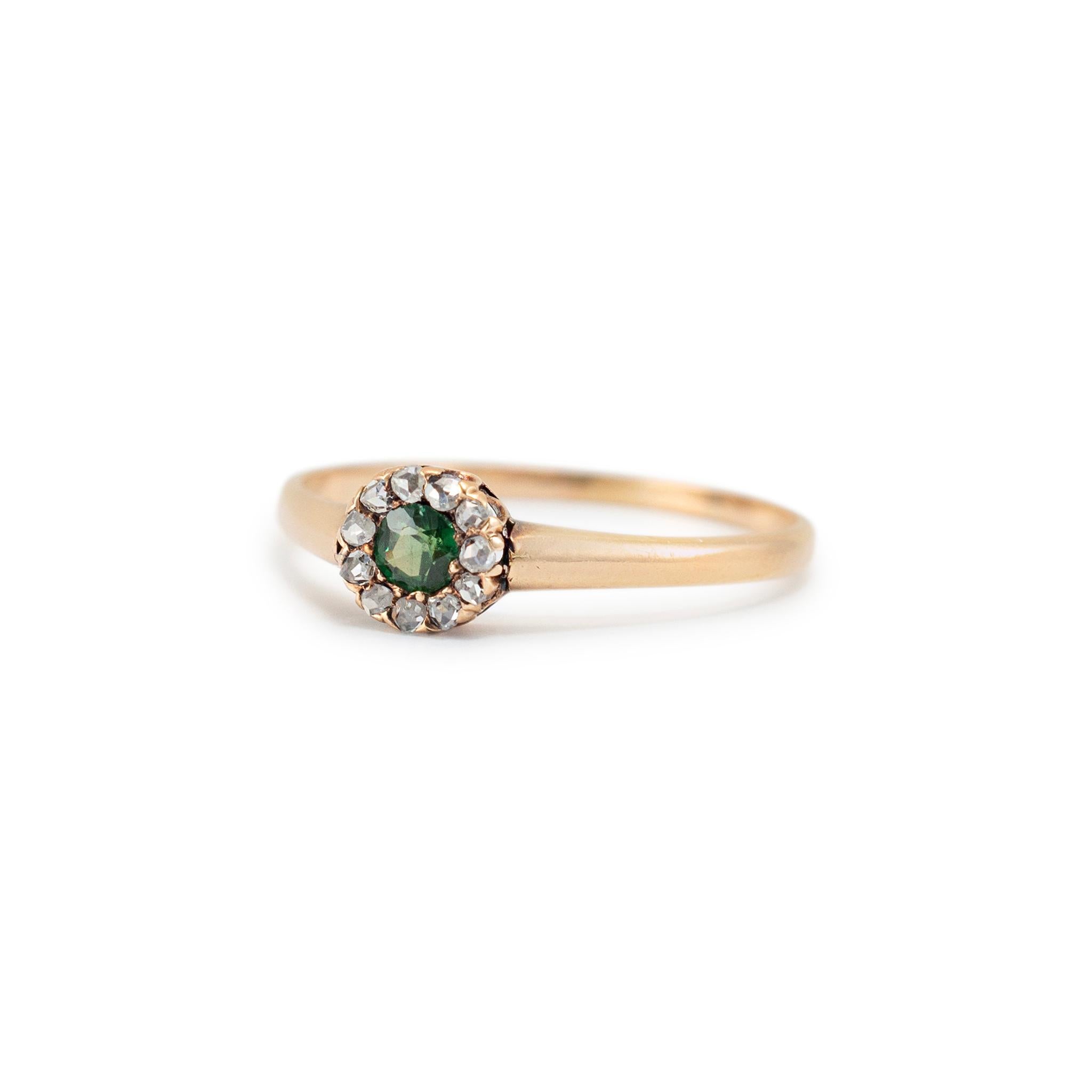 Antique Victorian 12K Tourmaline Halo Rose Cut Diamond Cocktail Ring In Excellent Condition For Sale In Houston, TX