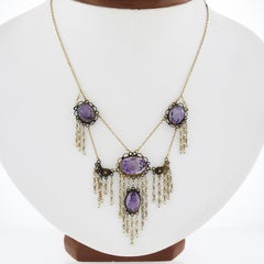 Antique Victorian 12k Yellow Gold Amethysts & Tassel Pearl 17" Fringe Necklace