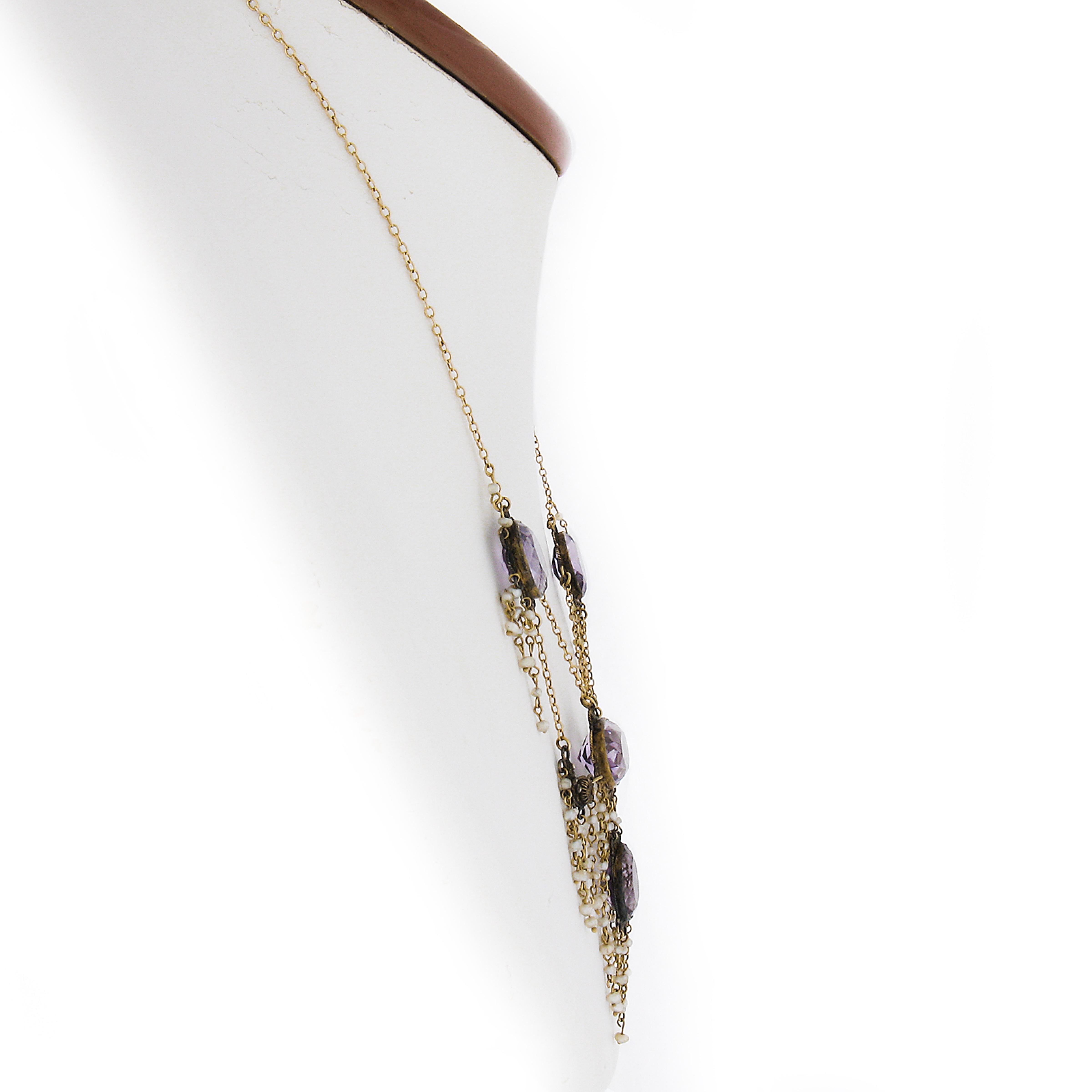Taille ovale Antique Collier Victorien en Or Jaune 12k avec Améthystes et Perles de Tassel 17
