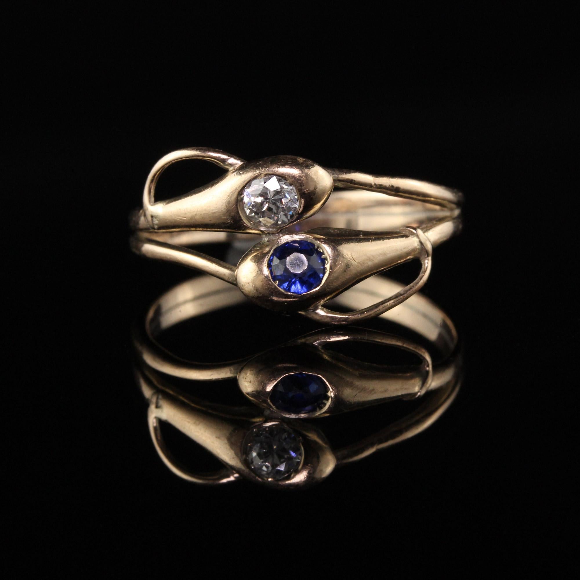 Old European Cut Antique Victorian 12 Karat Yellow Gold Diamond and Sapphire Double Snake Ring