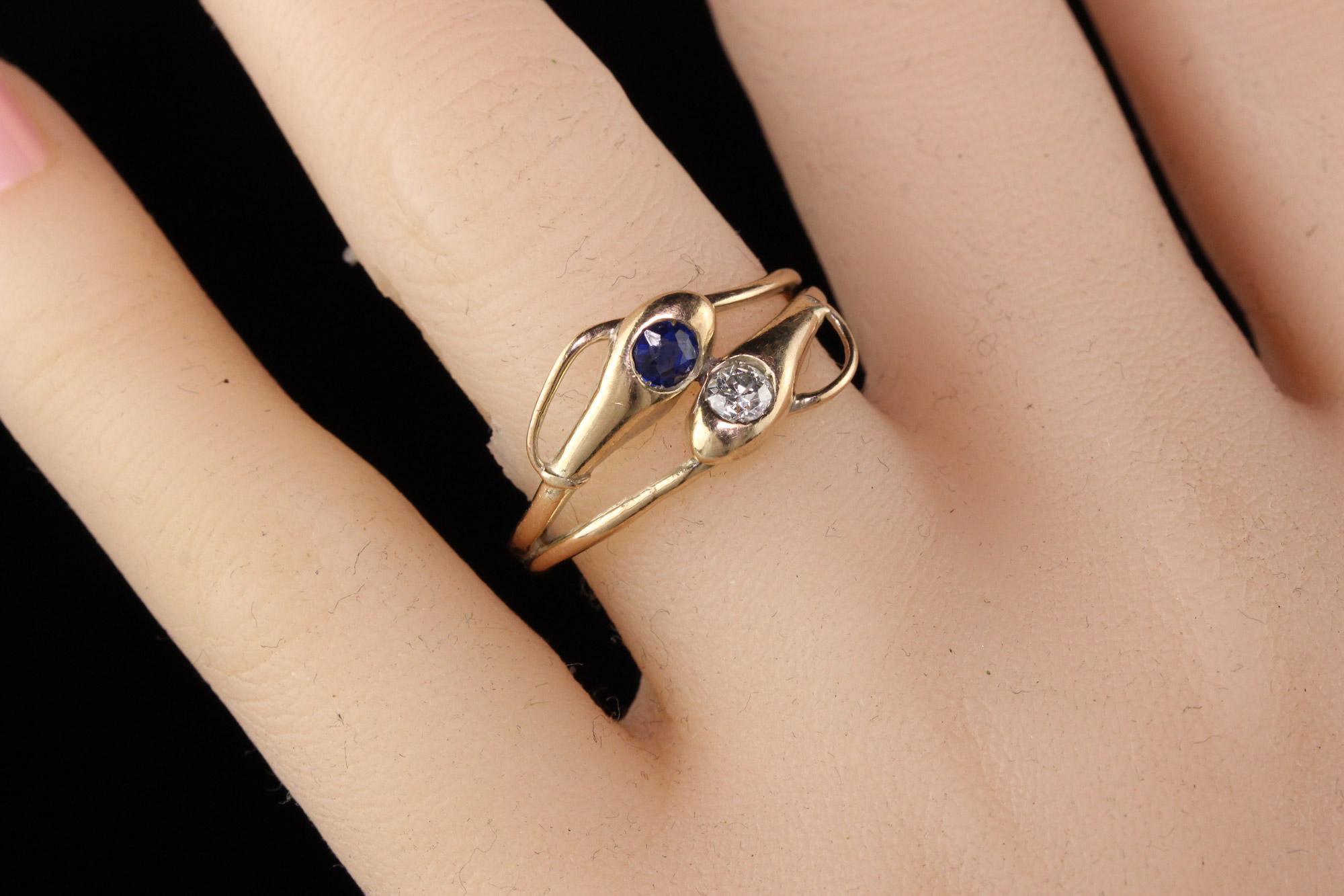 Antique Victorian 12 Karat Yellow Gold Diamond and Sapphire Double Snake Ring 1
