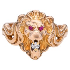 Antique Victorian 12k Yellow Gold Diamond & Ruby Eyes Lion Head Ring