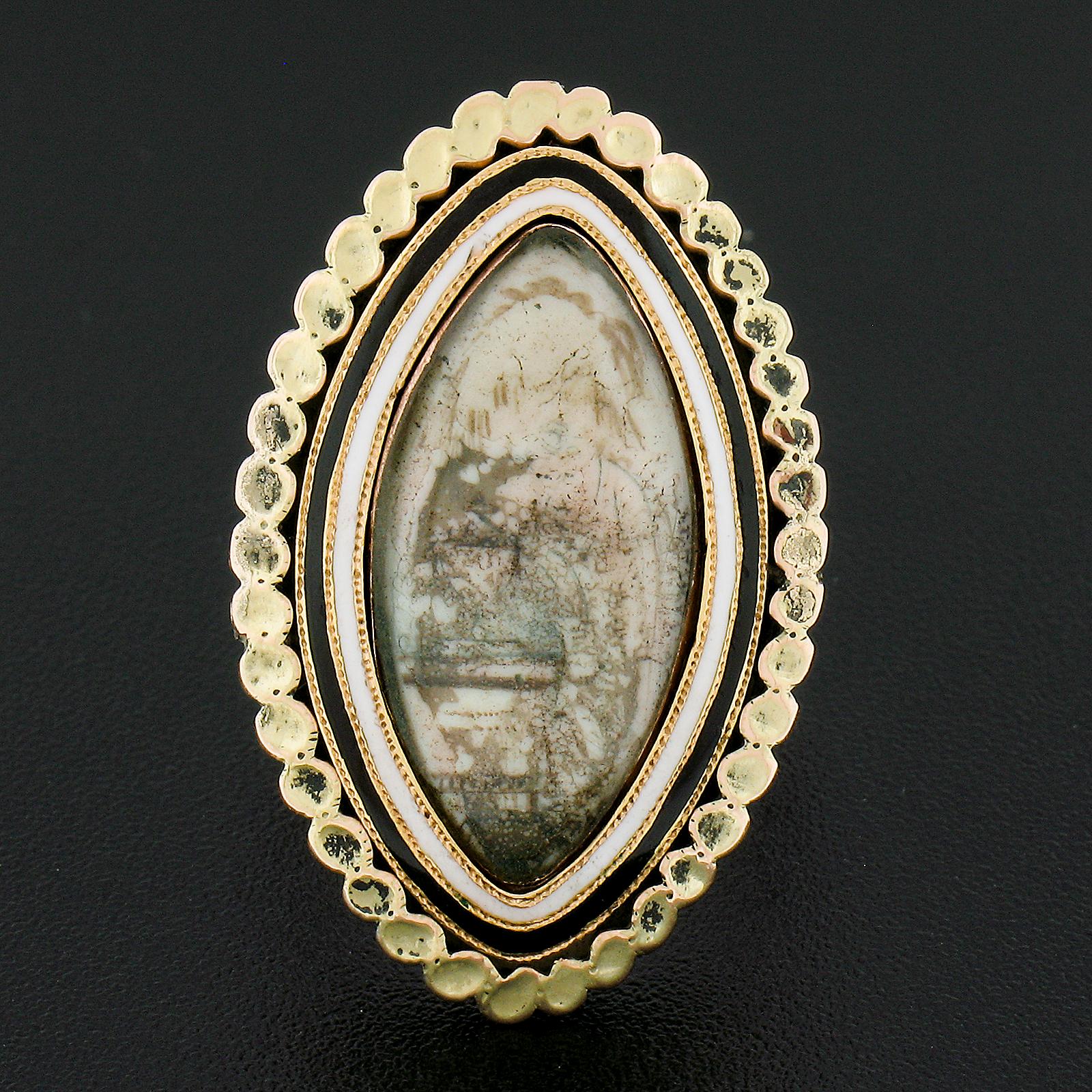Antique Victorian 12k Yellow Gold Enamel Work Engraved Mourning Navette Ring In Good Condition For Sale In Montclair, NJ