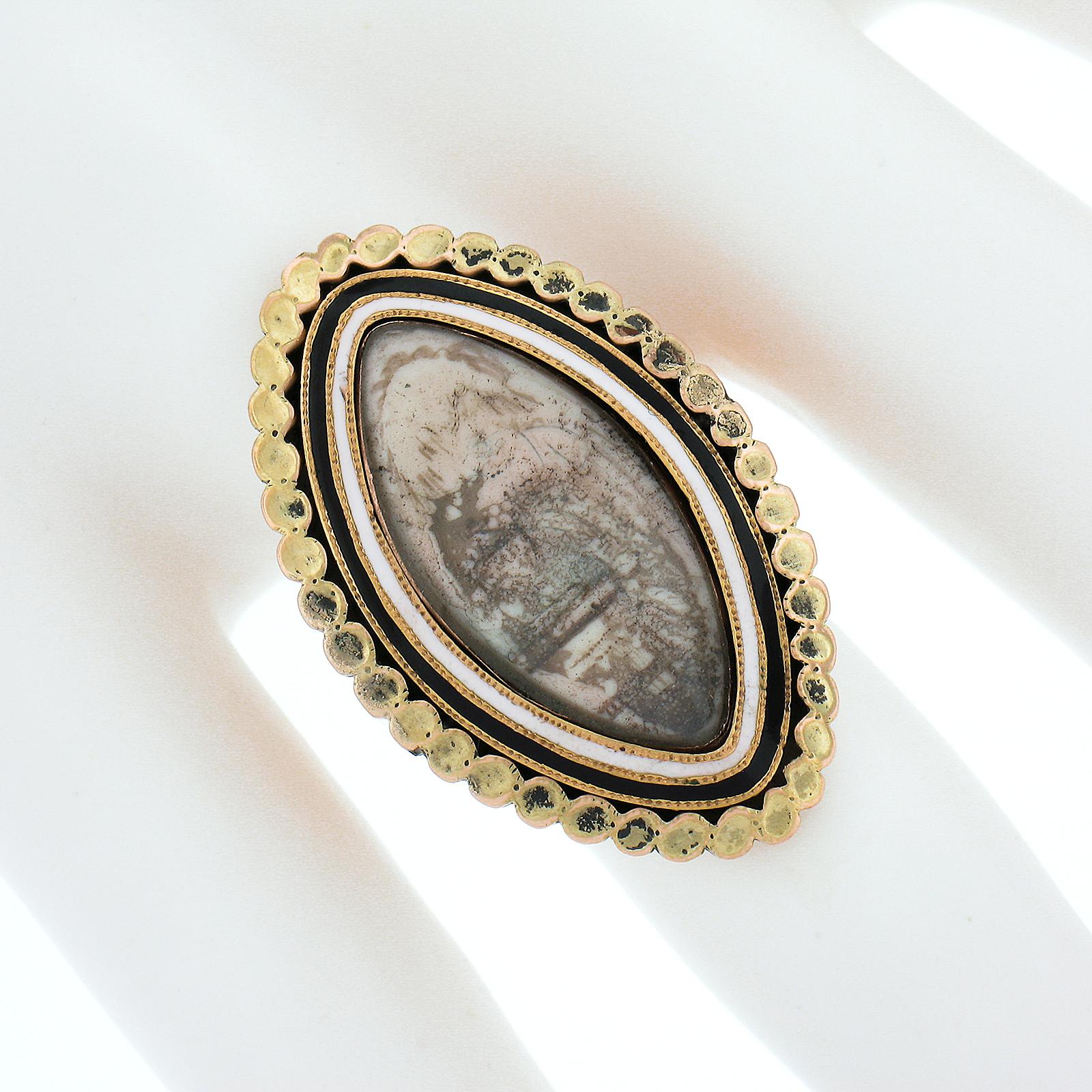 Women's Antique Victorian 12k Yellow Gold Enamel Work Engraved Mourning Navette Ring For Sale