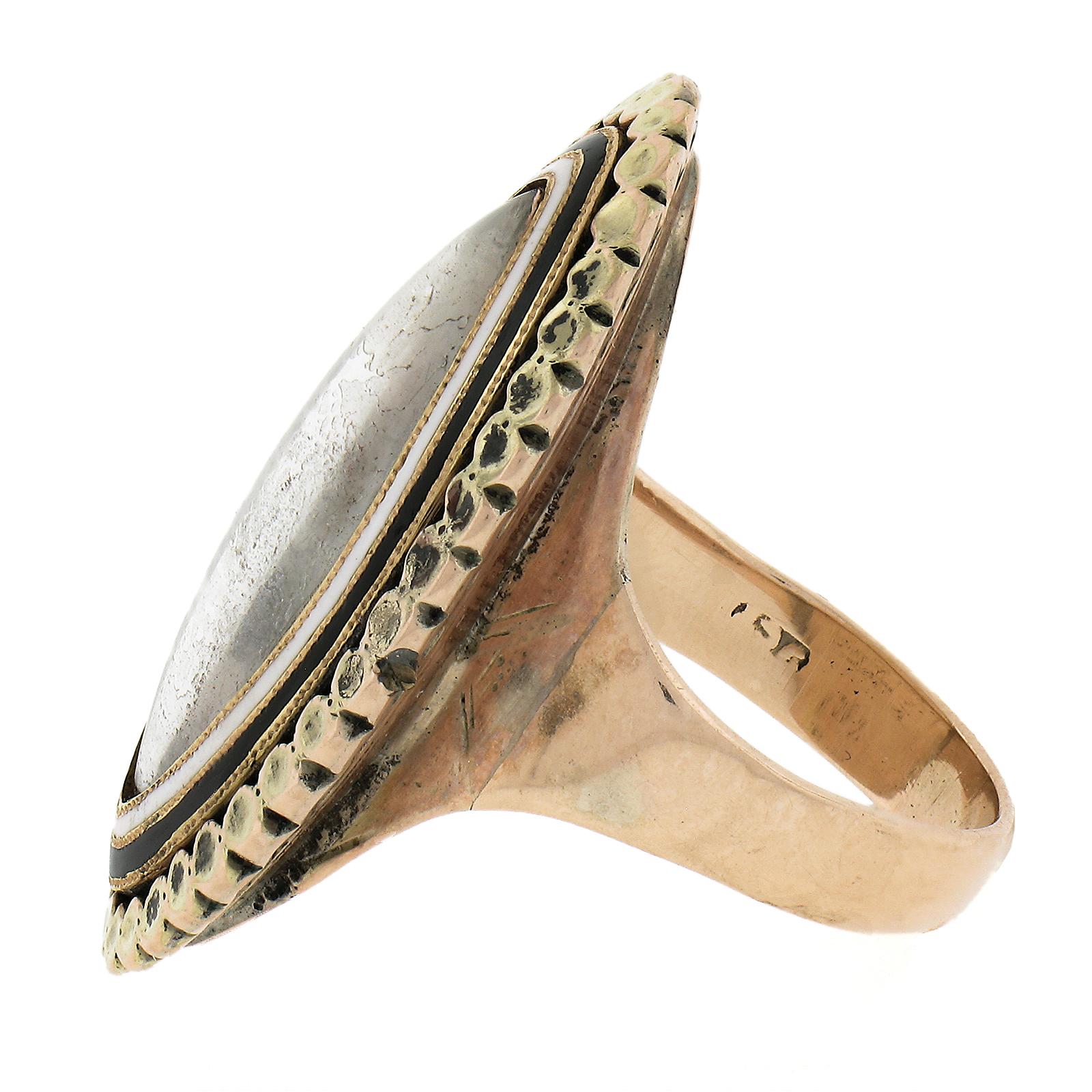 Antique Victorian 12k Yellow Gold Enamel Work Engraved Mourning Navette Ring For Sale 2