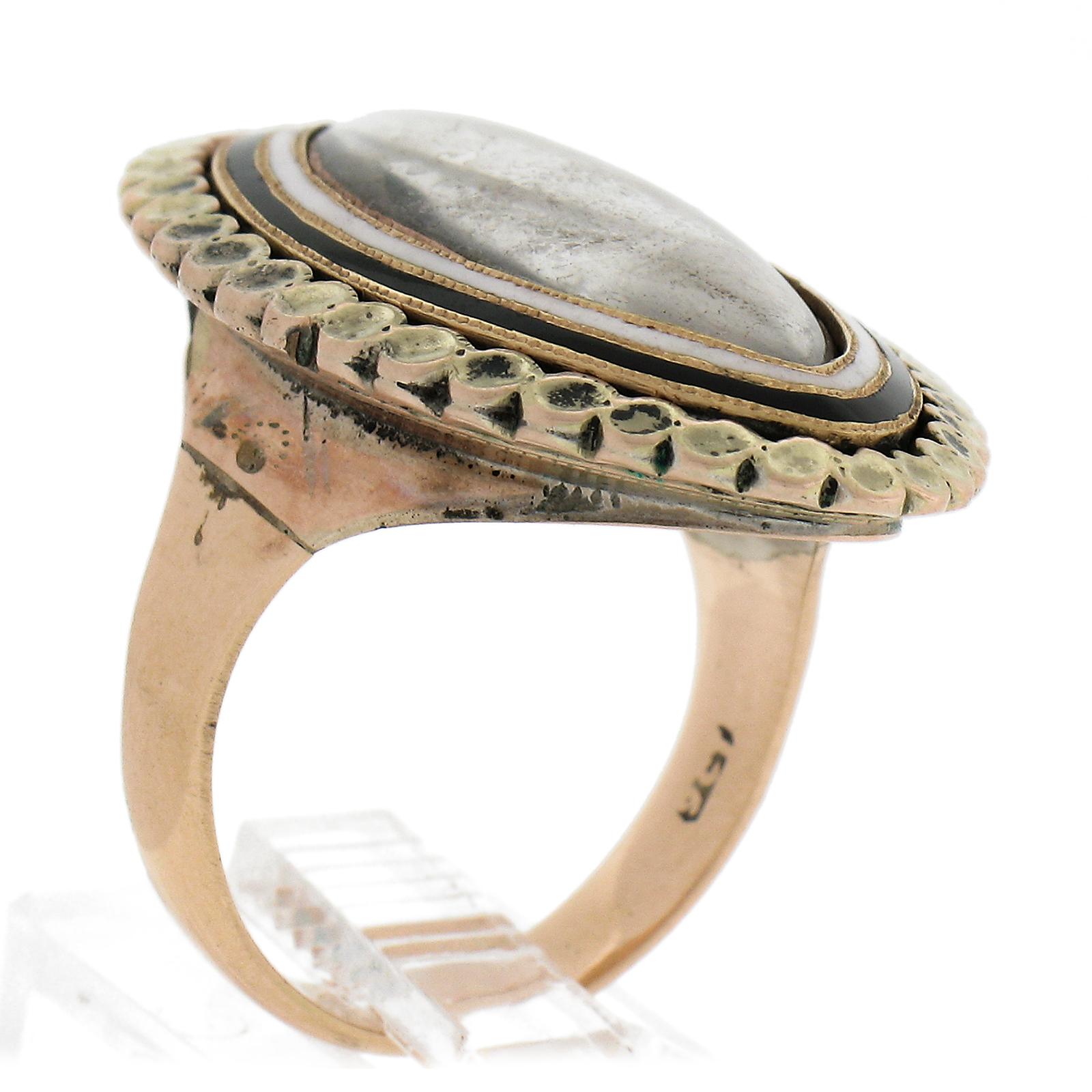 Antique Victorian 12k Yellow Gold Enamel Work Engraved Mourning Navette Ring For Sale 4