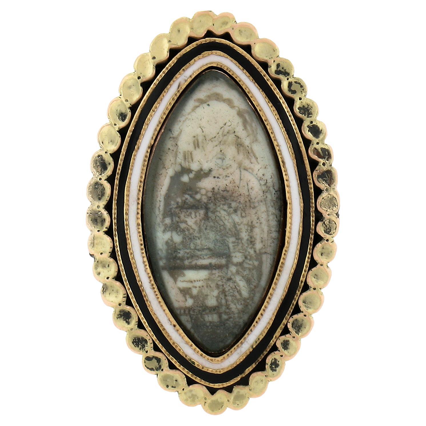 Antique Victorian 12k Yellow Gold Enamel Work Engraved Mourning Navette Ring For Sale