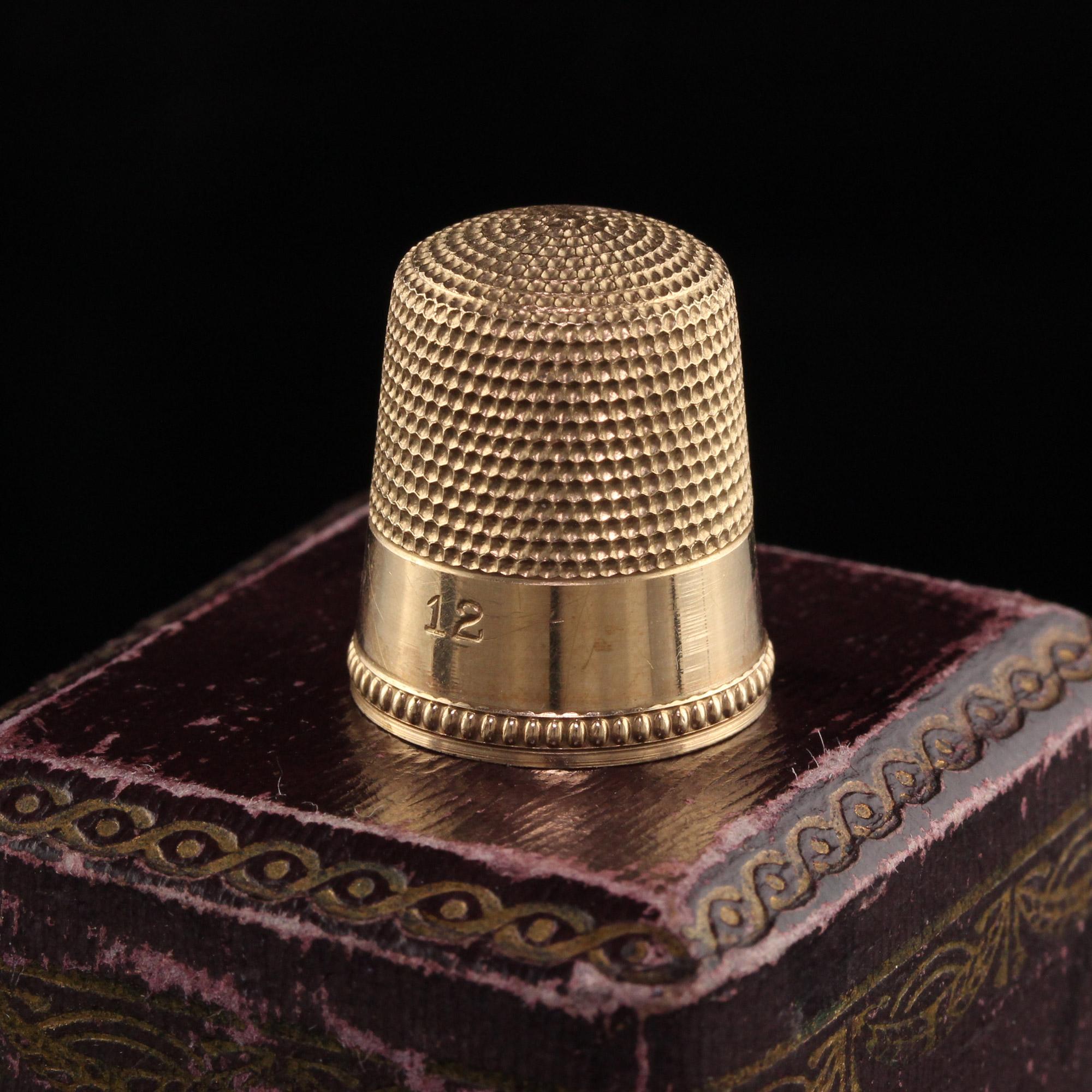 Beautiful Antique Victorian 12K Yellow Gold J. E. Caldwell Thimble. This beautiful piece is crafted in 12k yellow gold. This thimble is beautifully engraved and in amazing condition.

Item #MISC0003

Metal: 12K Yellow Gold

Weight: 4.1 Grams

Size: