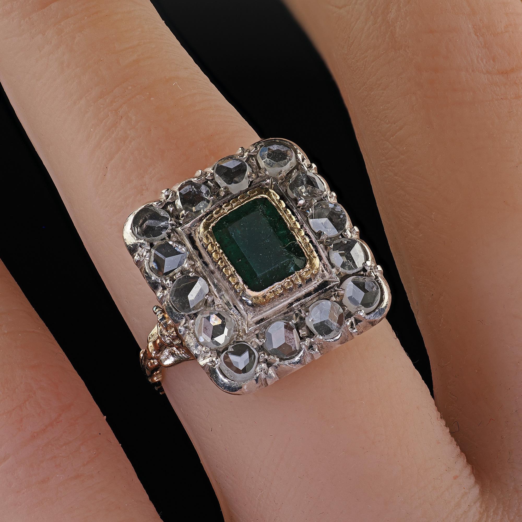 Antique Victorian Style 12K Yellow Gold Rose Cut Diamond Emerald Cocktail Ring 4