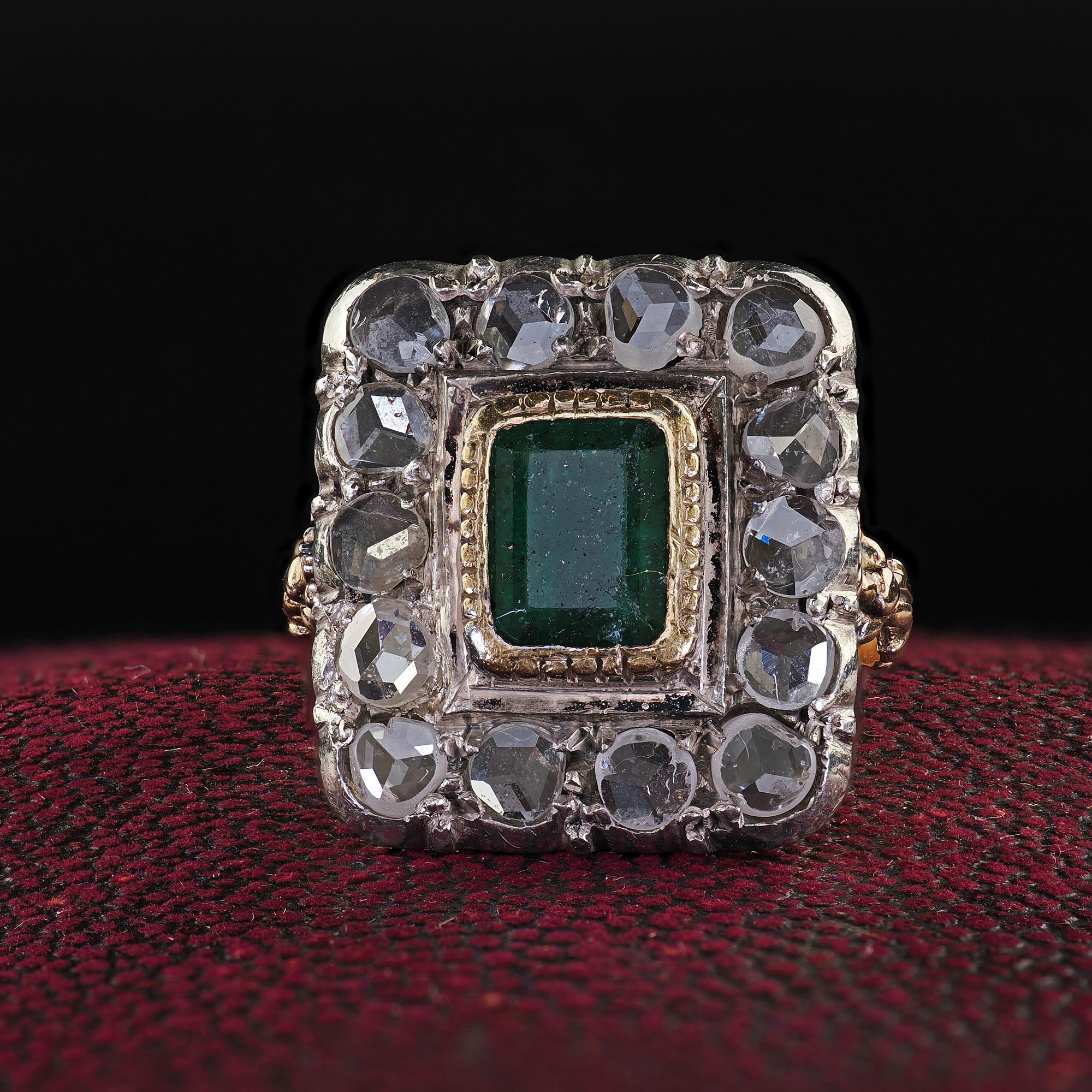 Beautiful Antique Victorian Style 12K Yellow Gold Rose Cut Diamond Emerald Cocktail Ring. This gorgeous Victorian style rose cut diamond and emerald cocktail ring is crafted in 12k yellow gold and silver top. This ring features a beautiful green