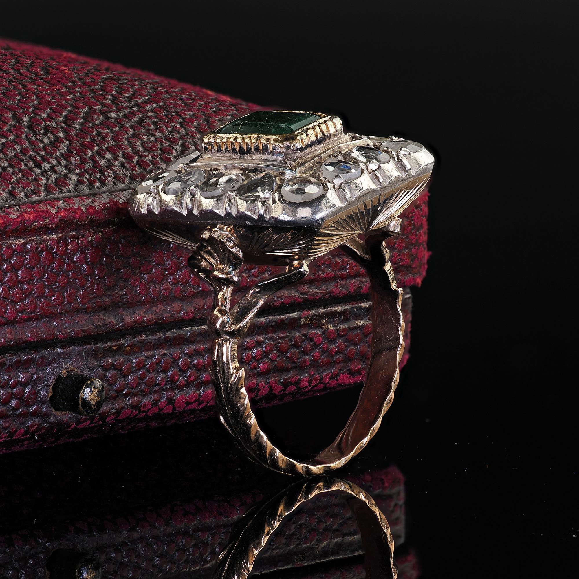 Revival Antique Victorian Style 12K Yellow Gold Rose Cut Diamond Emerald Cocktail Ring
