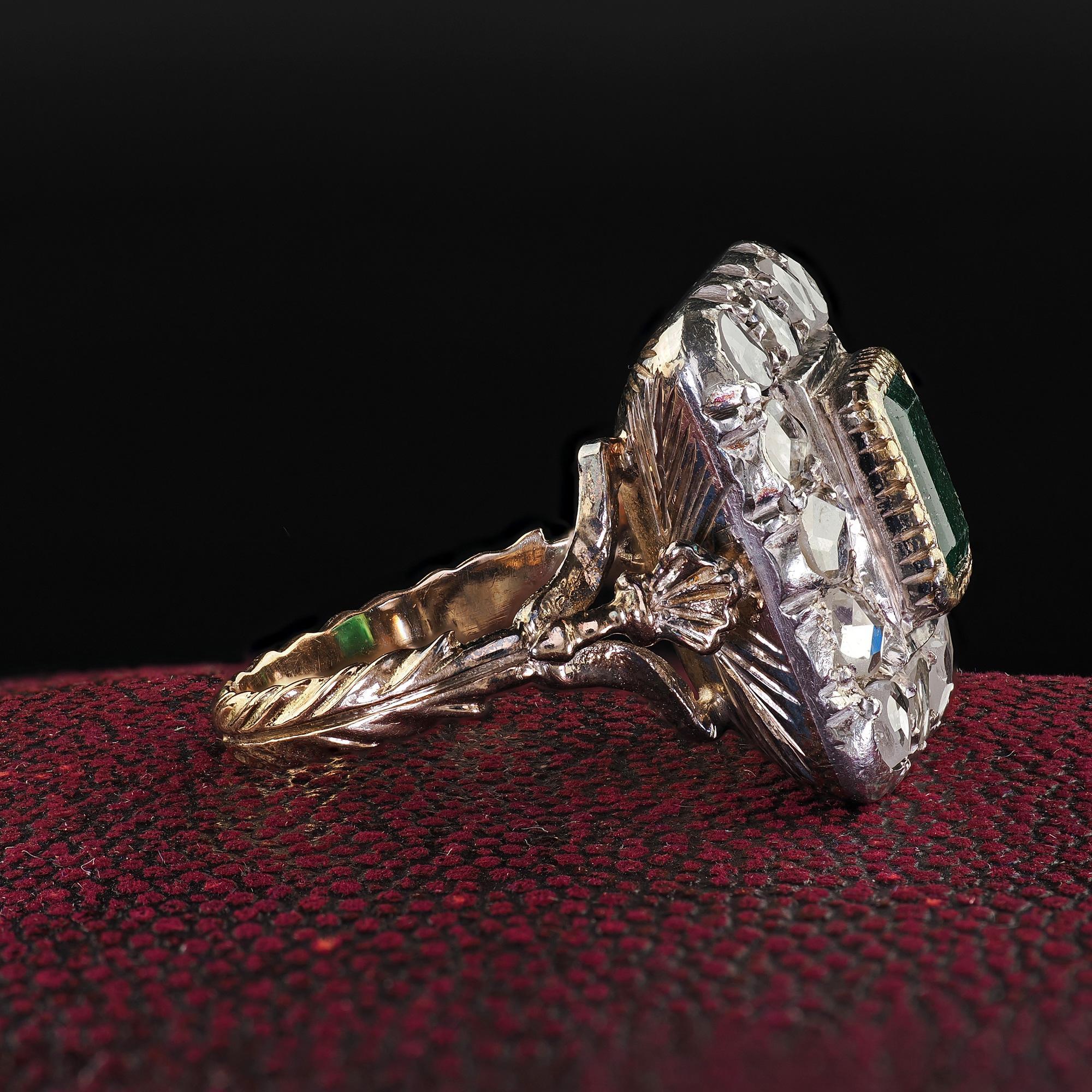 Emerald Cut Antique Victorian Style 12K Yellow Gold Rose Cut Diamond Emerald Cocktail Ring