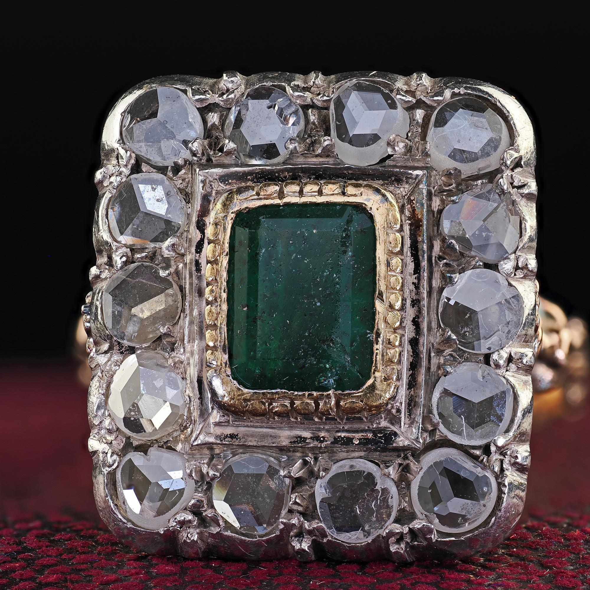 Women's Antique Victorian Style 12K Yellow Gold Rose Cut Diamond Emerald Cocktail Ring
