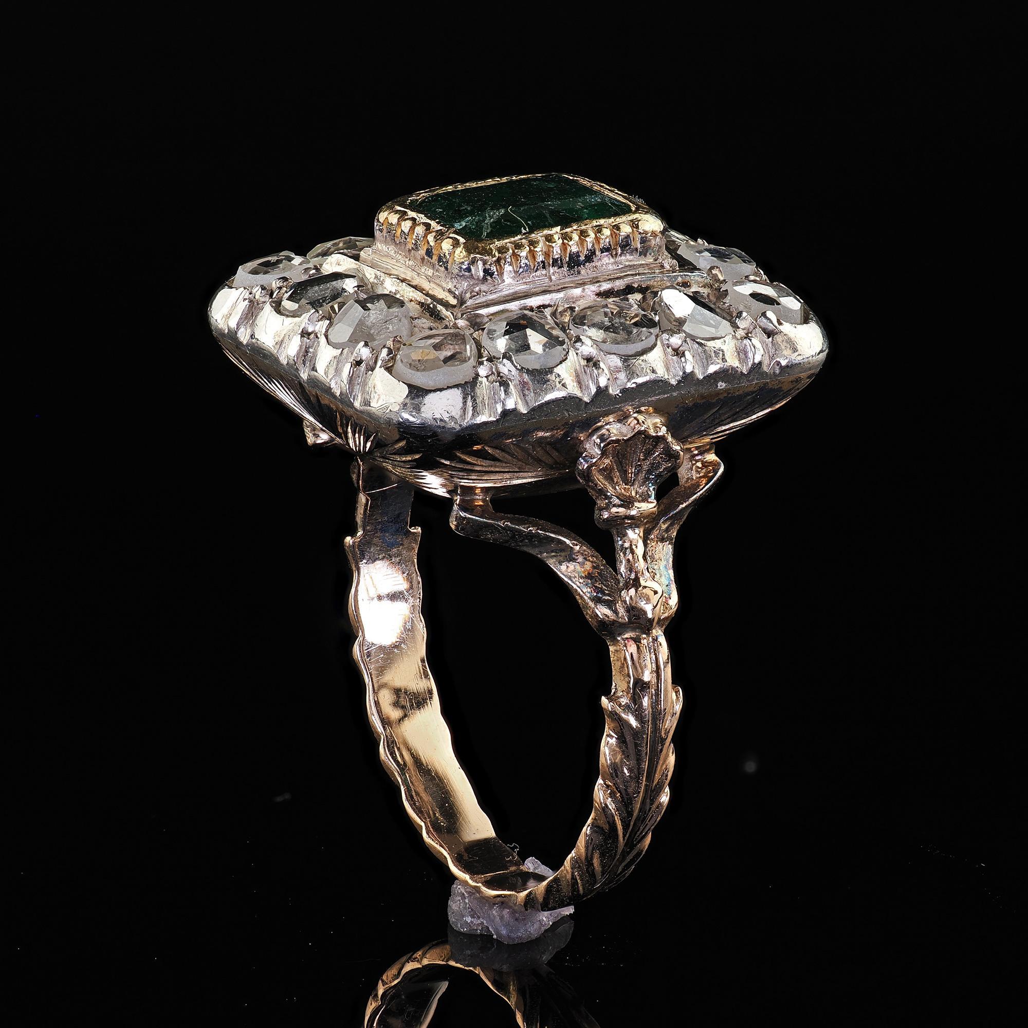 Antique Victorian Style 12K Yellow Gold Rose Cut Diamond Emerald Cocktail Ring 3