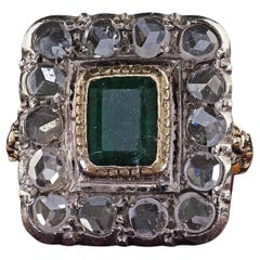 Antique Victorian Style 12K Yellow Gold Rose Cut Diamond Emerald Cocktail Ring