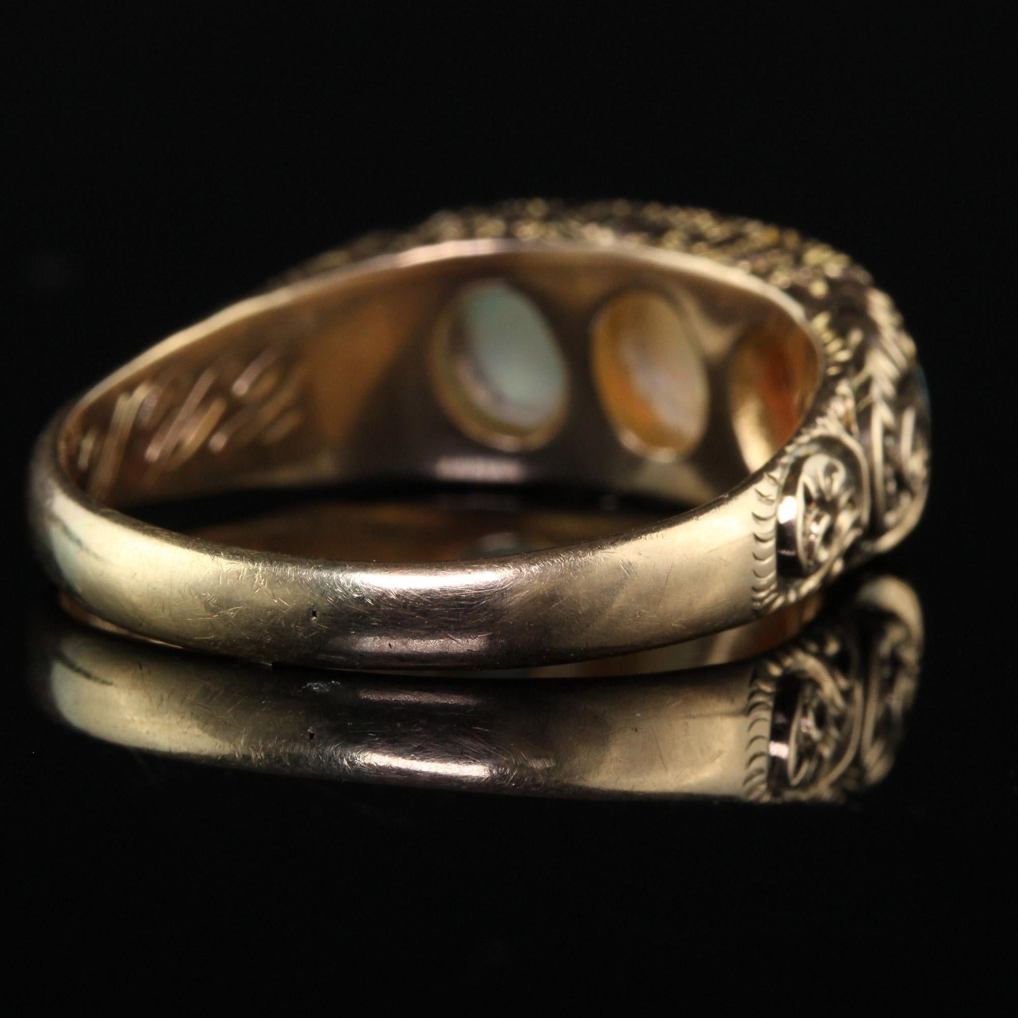 Antique Victorian 12k Yellow Gold Three Stone Opal Engraved Cocktail Ring In Good Condition For Sale In Great Neck, NY