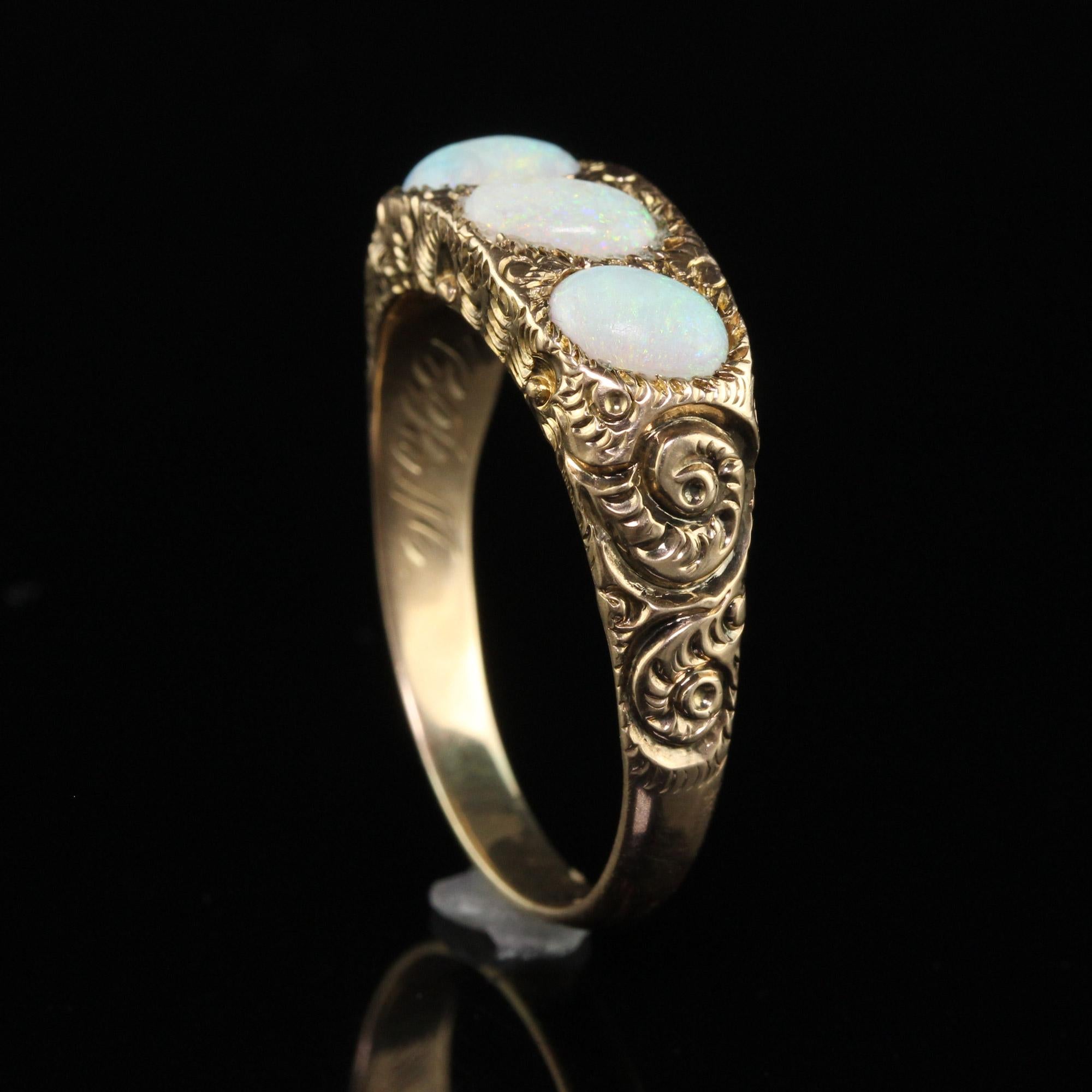 Women's or Men's Antique Victorian 12k Yellow Gold Three Stone Opal Engraved Cocktail Ring For Sale