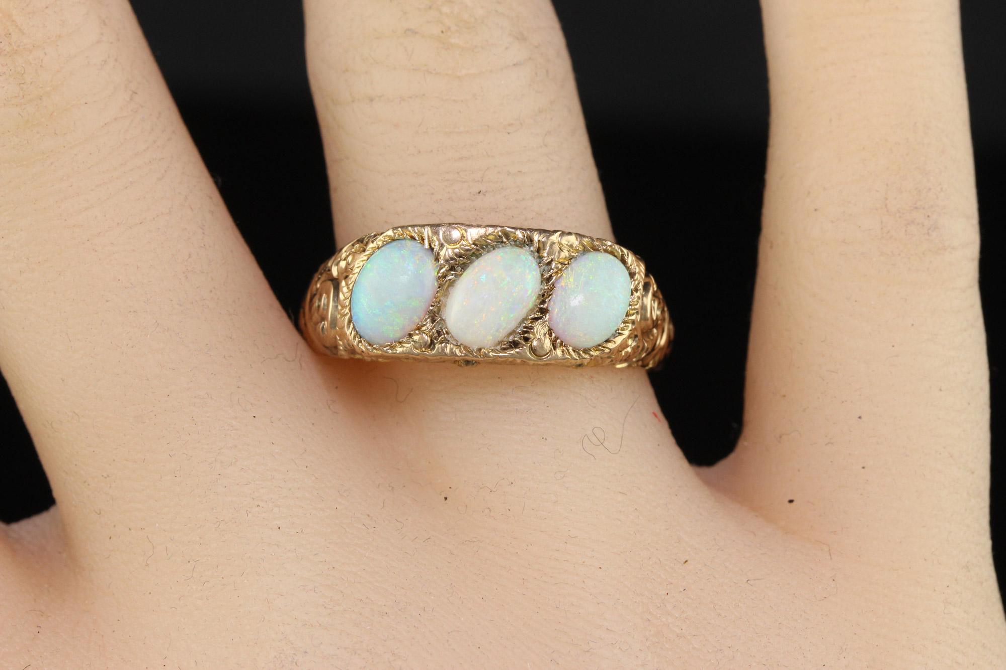 Antique Victorian 12k Yellow Gold Three Stone Opal Engraved Cocktail Ring For Sale 1