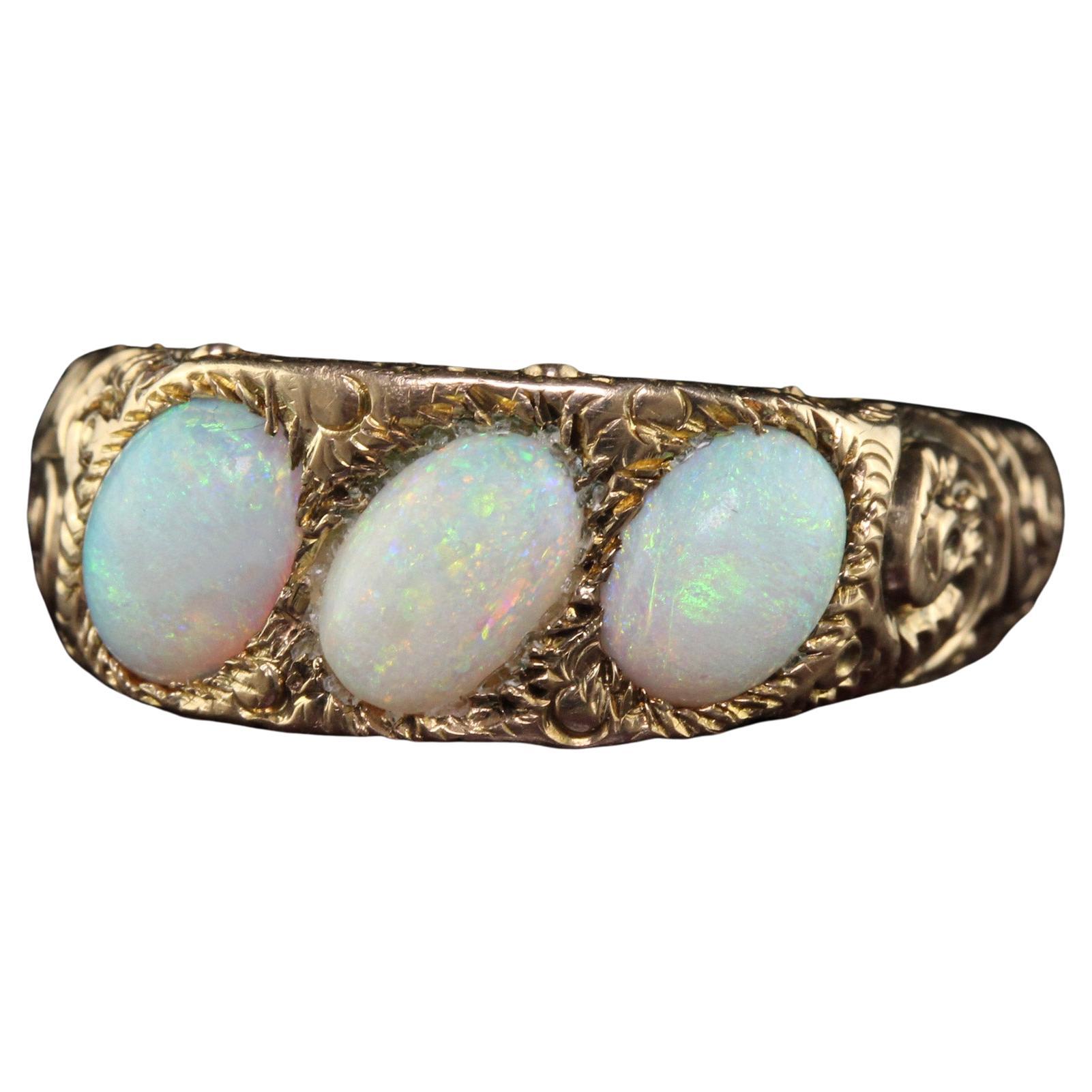 Antique Victorian 12k Yellow Gold Three Stone Opal Engraved Cocktail Ring For Sale