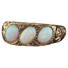Antique Victorian 12k Yellow Gold Three Stone Opal Engraved Cocktail Ring