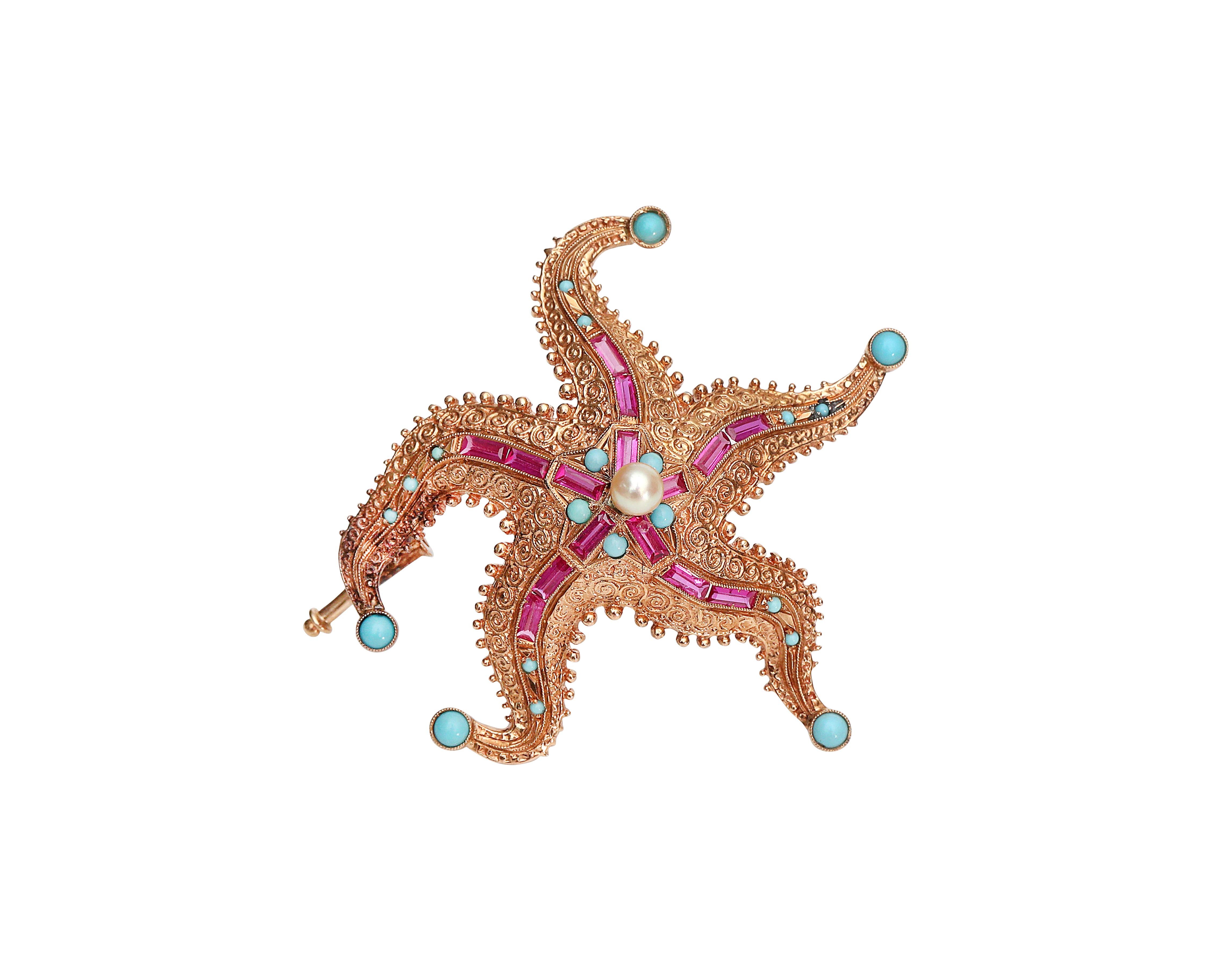Take a reminder of the beach and sunny days everywhere you go with this 18K yellow gold Starfish Brooch. The bright ruby and pearl accents complement the buttery yellow gold beautifully. This would make a great addition to any vintage lover's