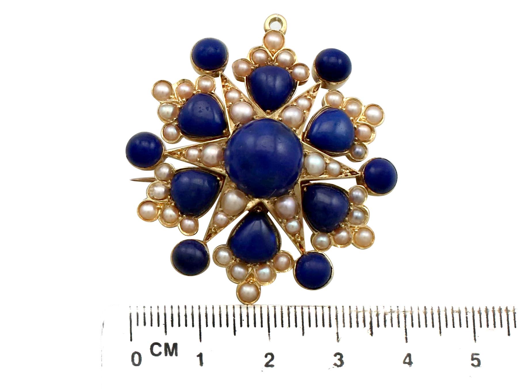 Antique Victorian 13.02 Carat Lapis Lazuli and Pearl Yellow Gold Pendant Brooch 6