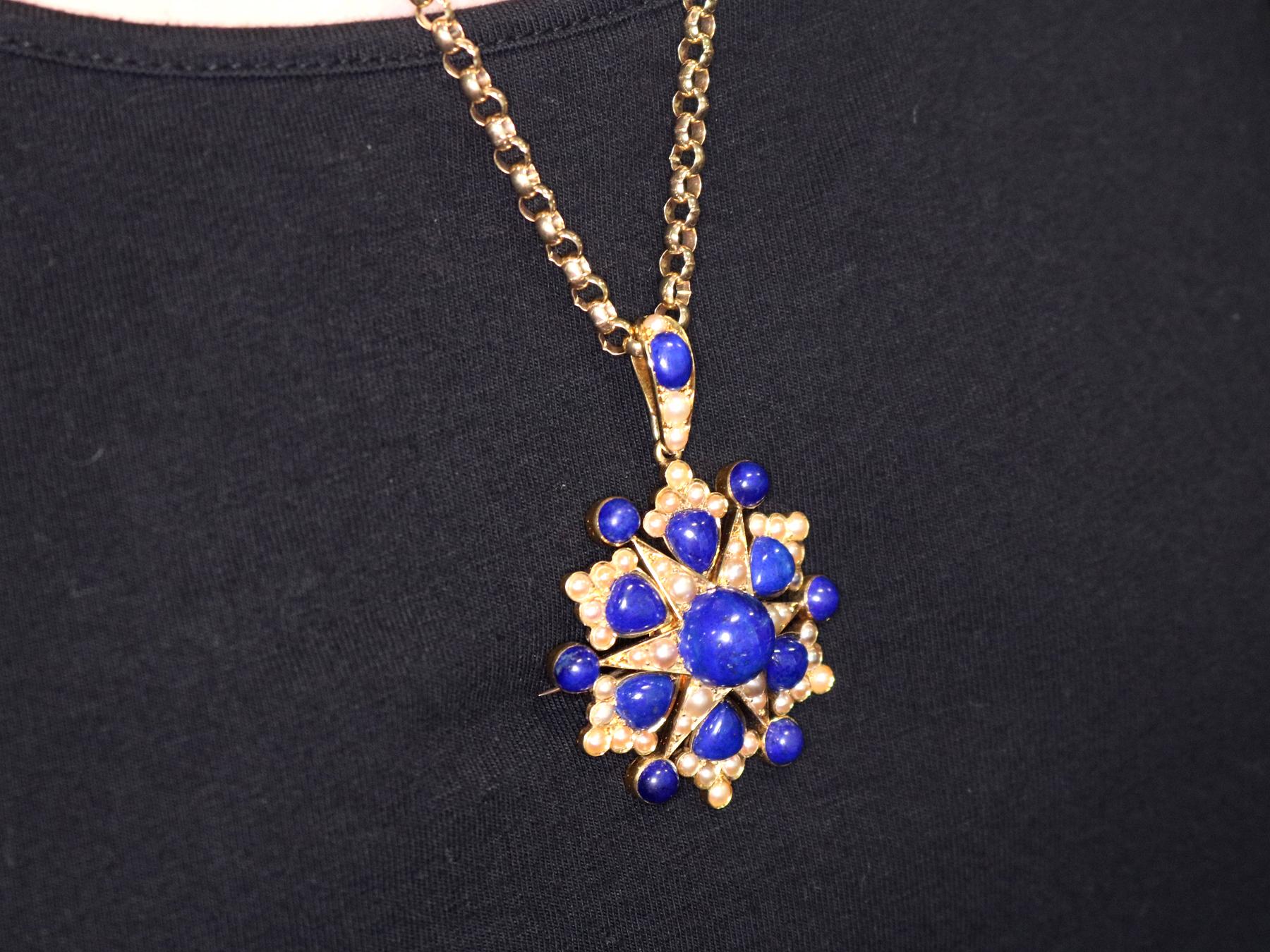 Antique Victorian 13.02 Carat Lapis Lazuli and Pearl Yellow Gold Pendant Brooch 8