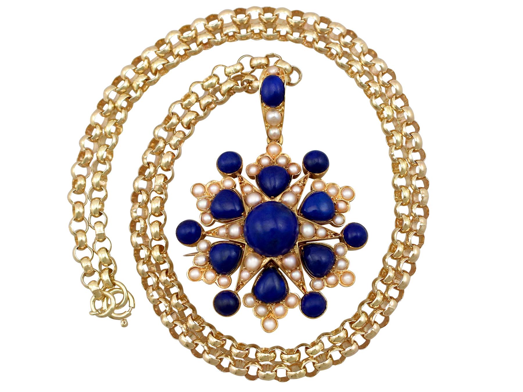 A stunning antique Victorian 13.02 carat lapis lazuli and seed pearl, 18 karat yellow gold pendant / brooch; part of our diverse antique estate jewelry collections.

This stunning, fine and impressive Victorian pendant has been crafted in 18k yellow
