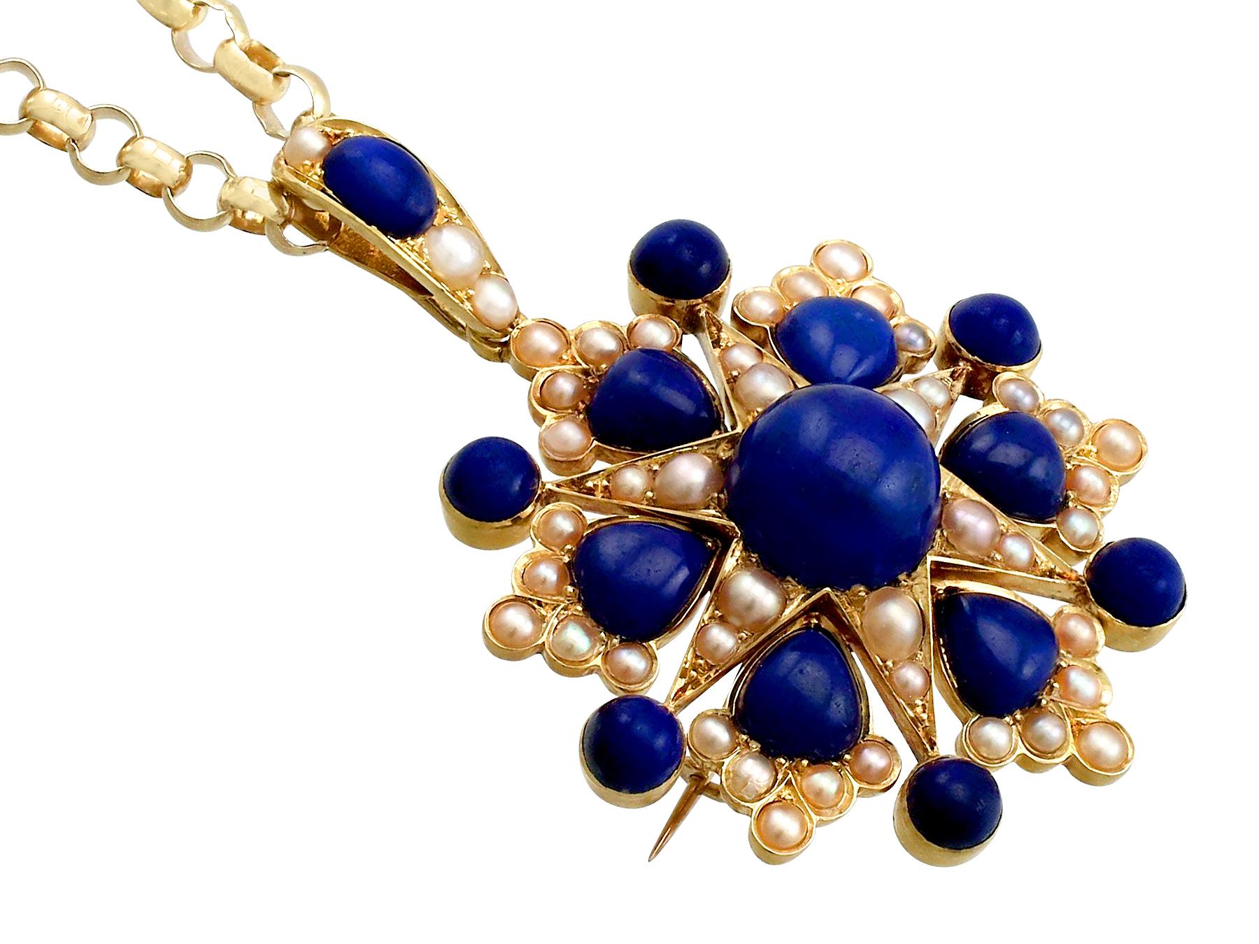 Cabochon Antique Victorian 13.02 Carat Lapis Lazuli and Pearl Yellow Gold Pendant Brooch